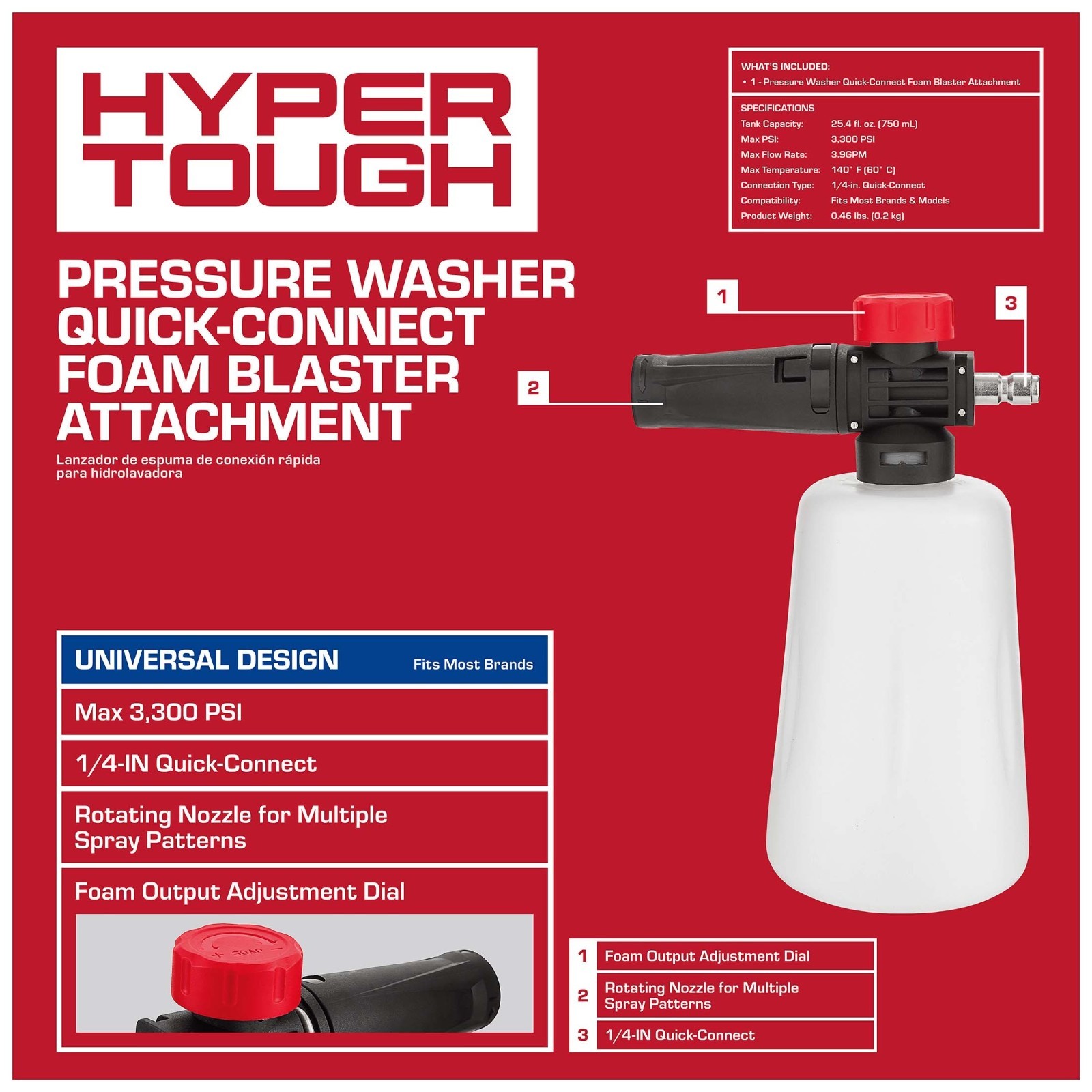 Hyper Tough Foam Blaster for Gas and Electric Pressure Washers, 25.4 fl oz, 1/4″