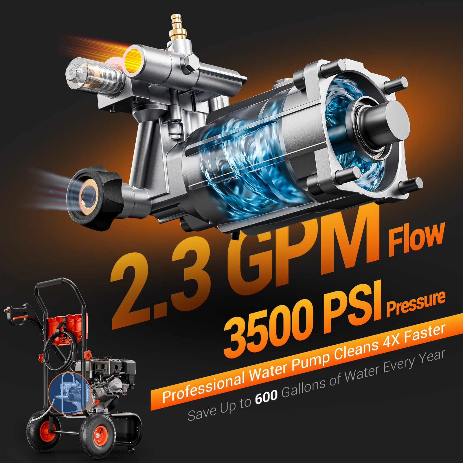 Mutaomay Cold Water Pressure Washer Gasoline 3500PSI 2.3GPM 25ft Hose&Soap Tank