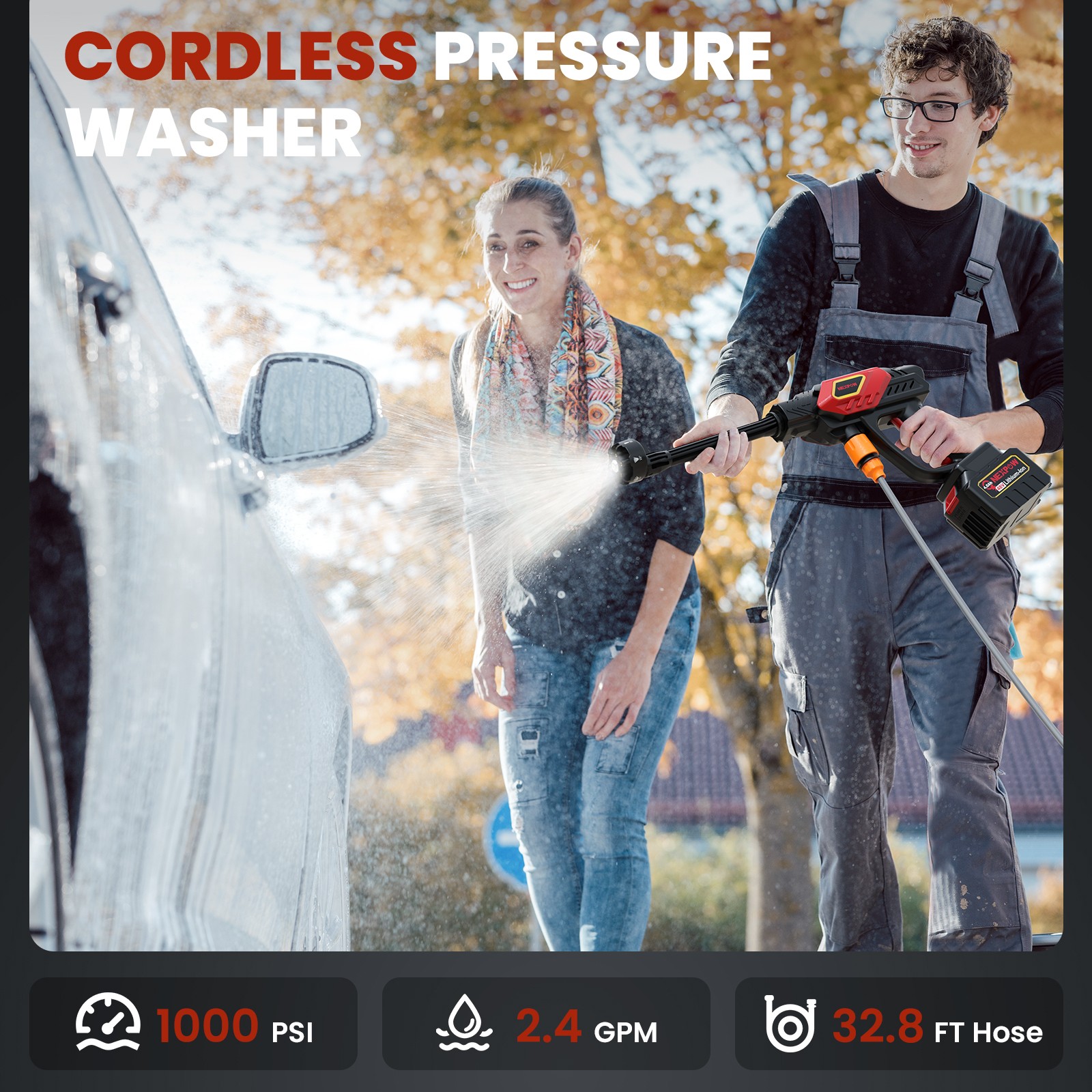NEXPOW 48V Cordless Pressure Washer 1000 PSI 2.4 GPM 50Min 6-in-1 Nozzle