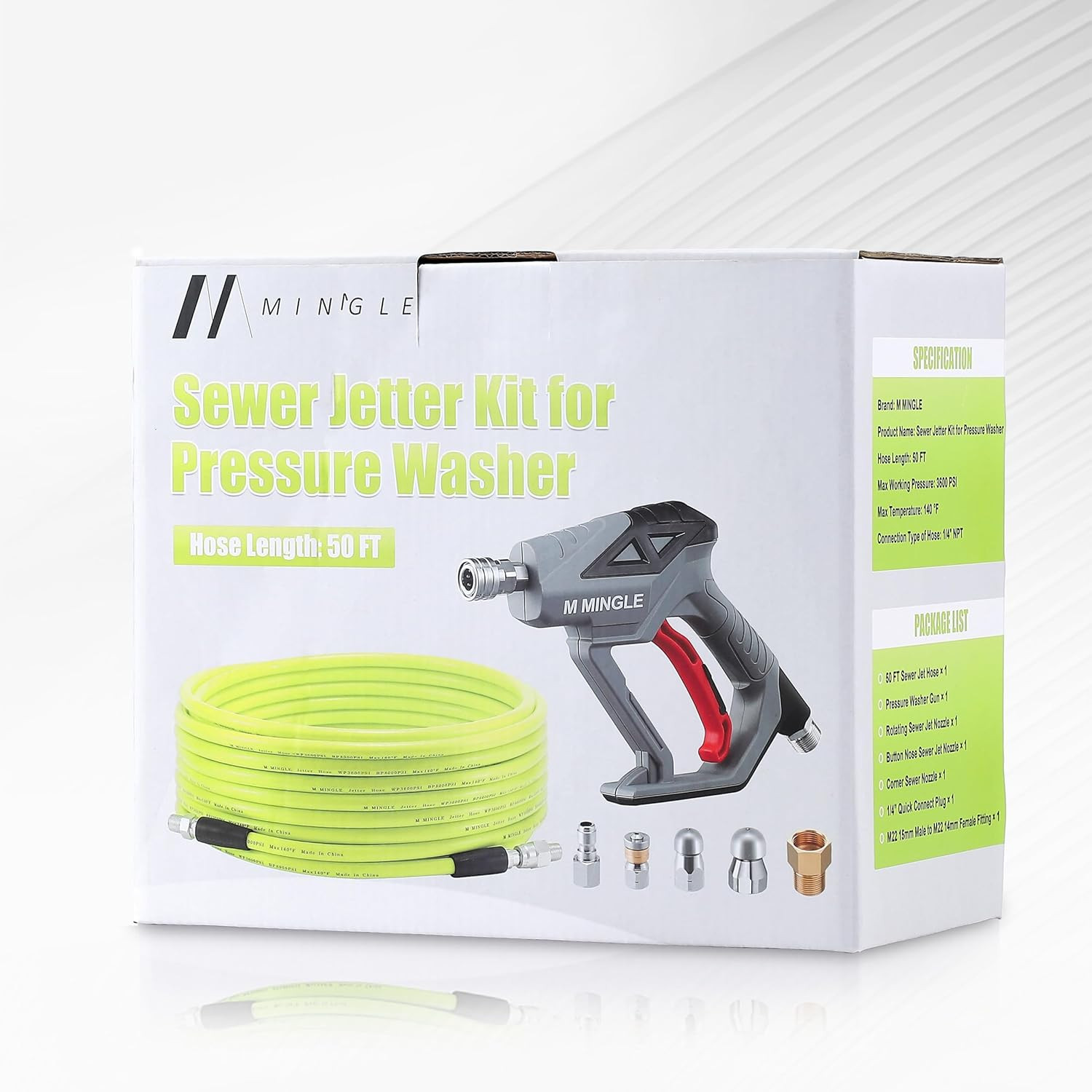 M MINGLE Sewer Jetter Kit for Pressure Washer 50 FT, Drain Cleaner Hose with Pow