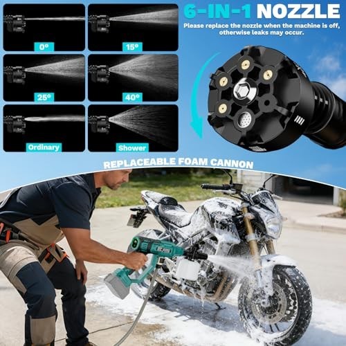 Portable Cordless Pressure Washer 700 PSI, 6-in-1 Nozzle, Adjustable, Battery Po