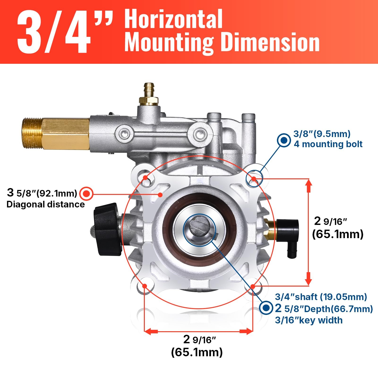 Pressure Washer Pump 3400 PSI 2.5 GPM 3/4 Inch Shaft Horizontal Replacement