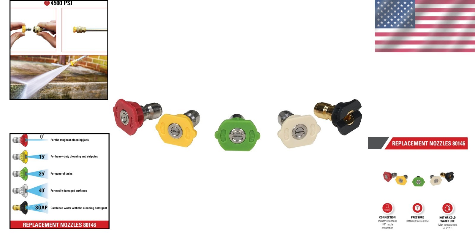 Versatile 4500 PSI Pressure Washer Nozzles – Stainless Steel, Easy Connect Set