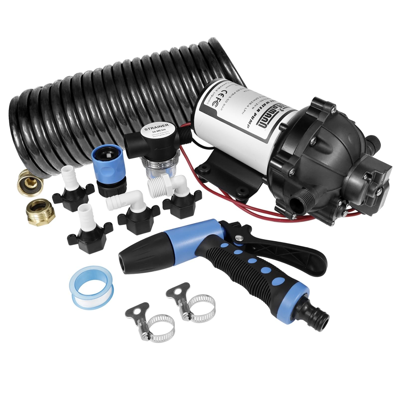 WASSERMANN 12V DC Washdown Pump Kit, 7.5GPM 80PSI, 5-Chamber Self-Priming Dia…