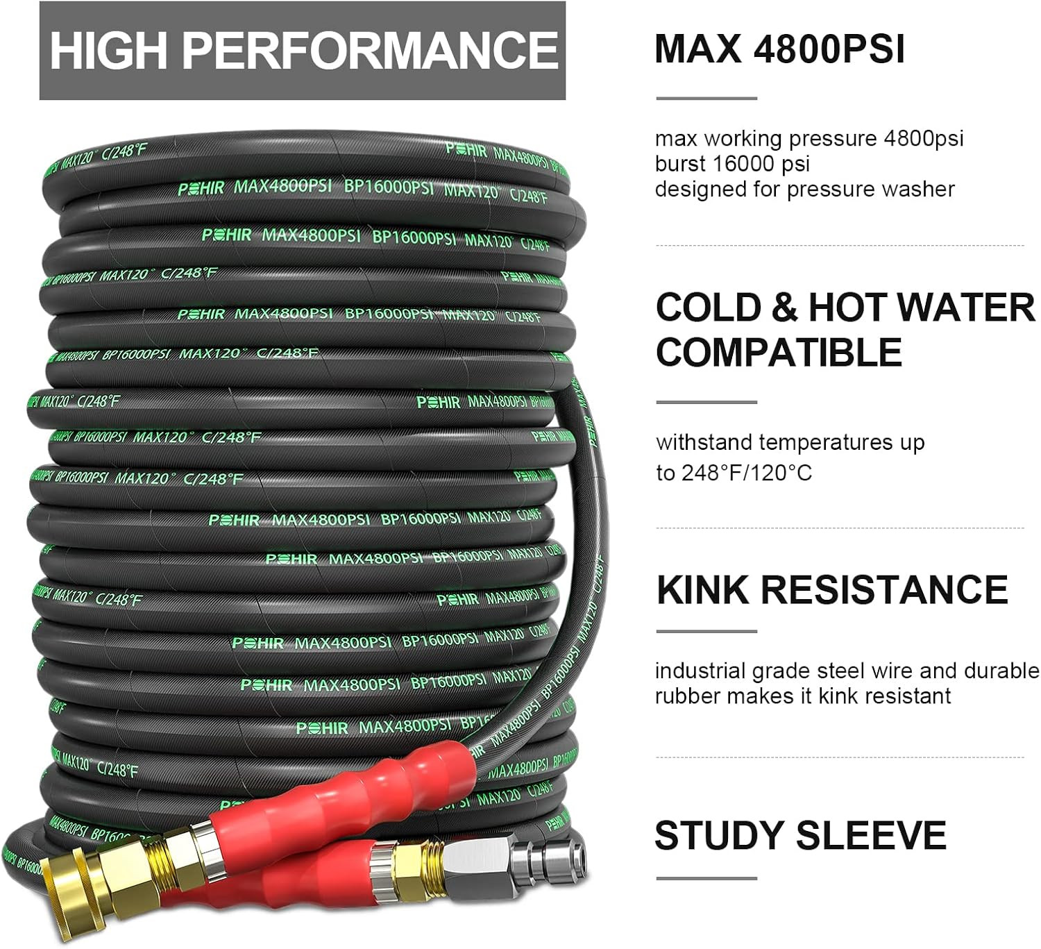 100 Ft Pressure Washer Hose 3/8″ 4800 PSI Kink Resistant with Adapters