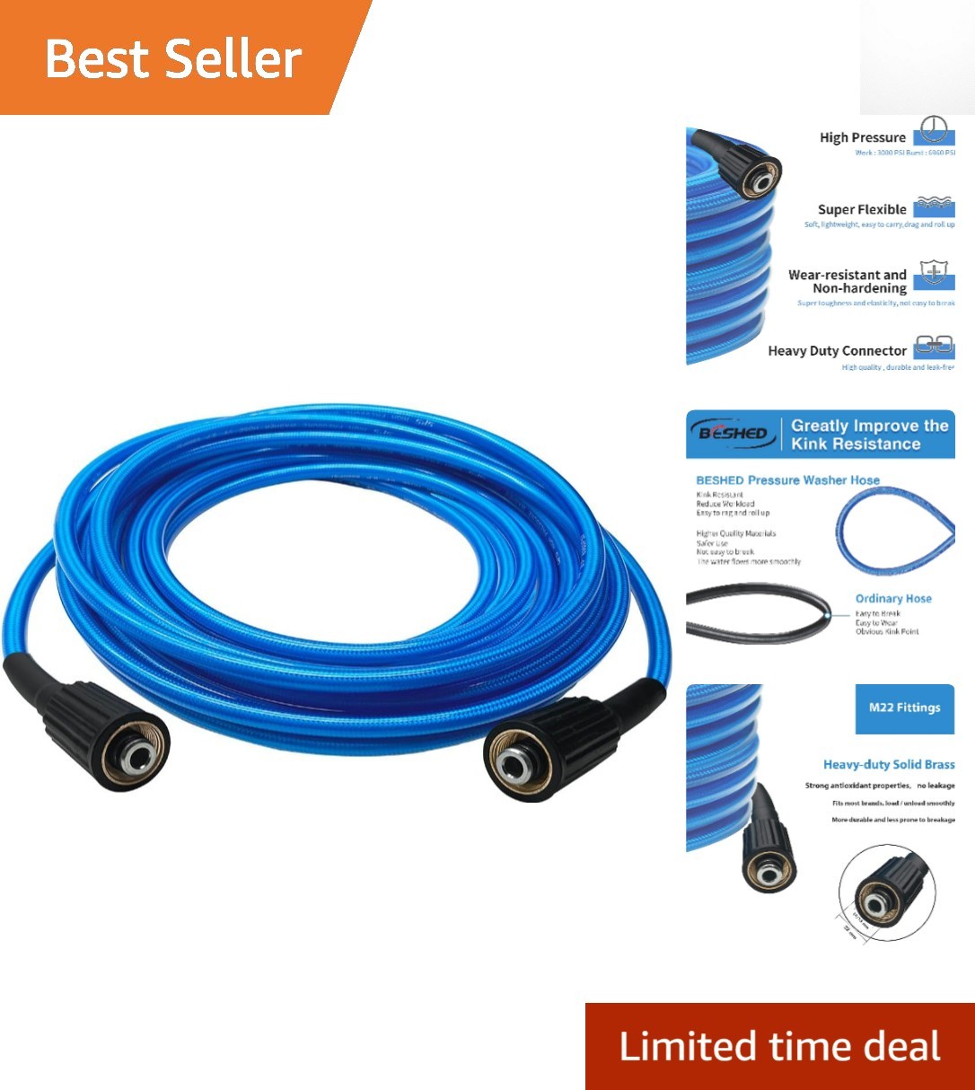 High-Pressure 25 FT Extension Hose – Kink Resistant, 3000 PSI for Power Washers