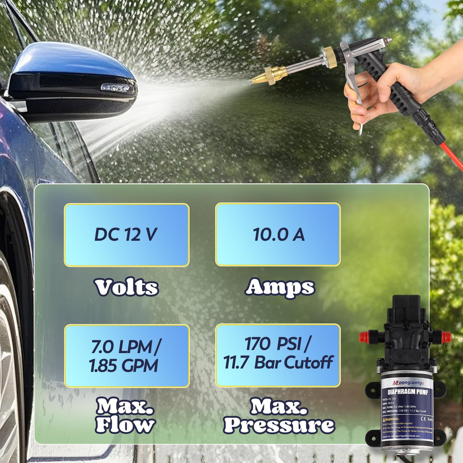 Moongiantgo Car Washer Pump Kit, 12V 170PSI 1.85GPM Boat Washdown Deck Wash Pump