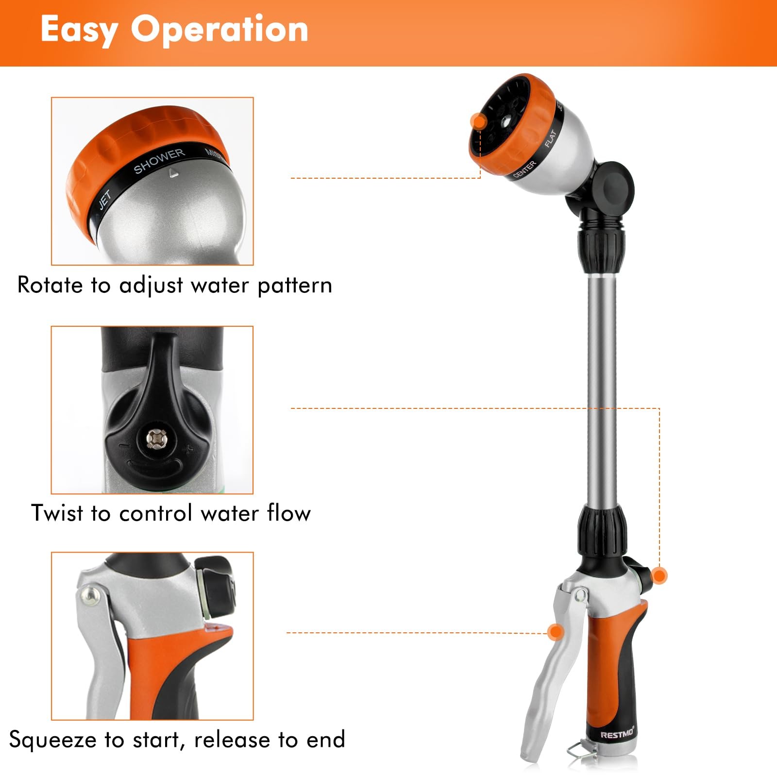 Metal Watering Wand, Heavy Duty Garden Hose Wand with 180° Swivel Ratcheting Hea