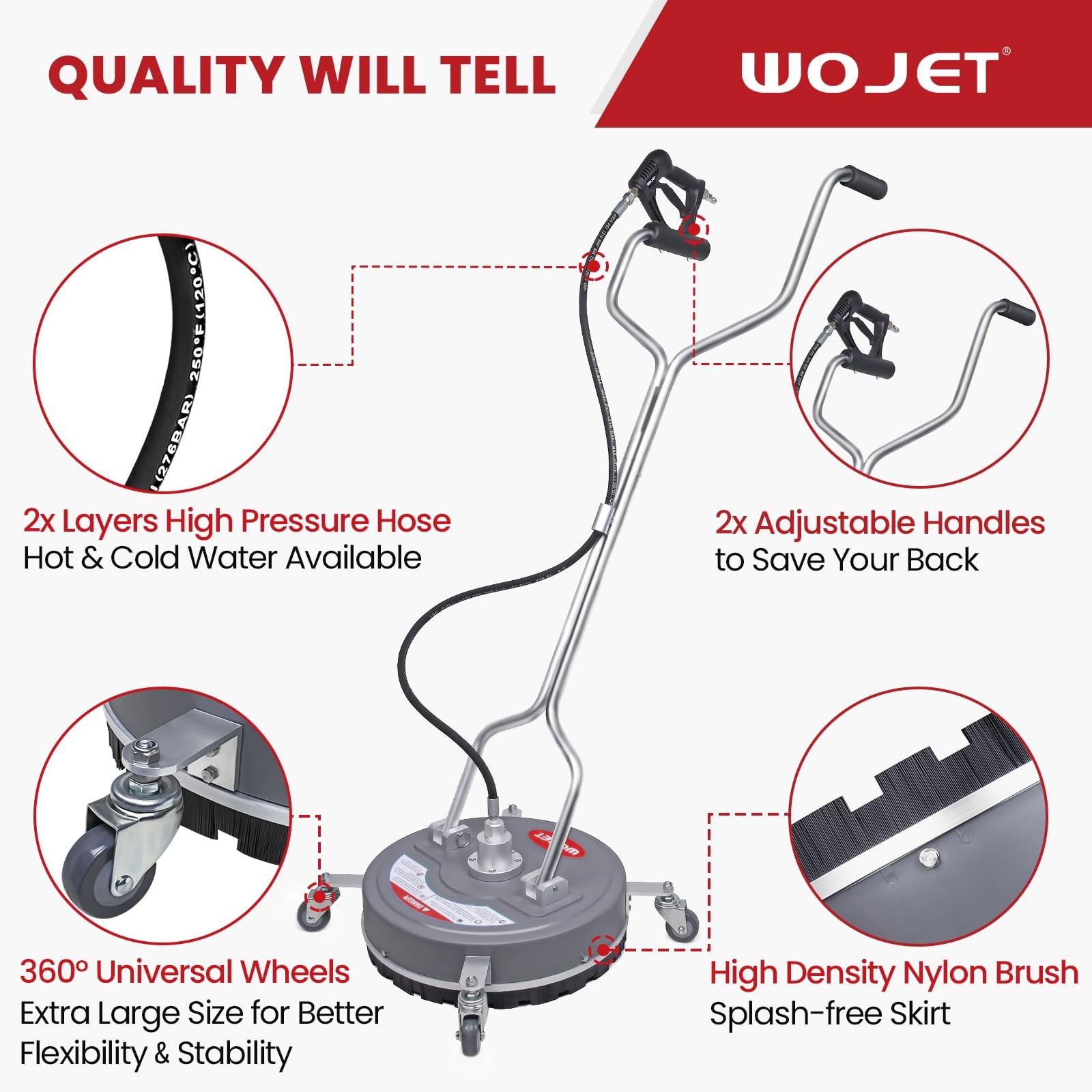 WOJET 18” Pressure Washer Surface Cleaner with 4 Wheels & Dual Handles, 4500P…