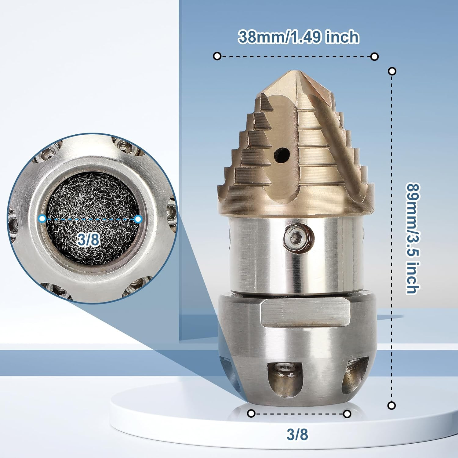 3/8 NPT Sewer Jetter Nozzle 360 Rotating Stainless Steel Pressure Washer 40 L Mi