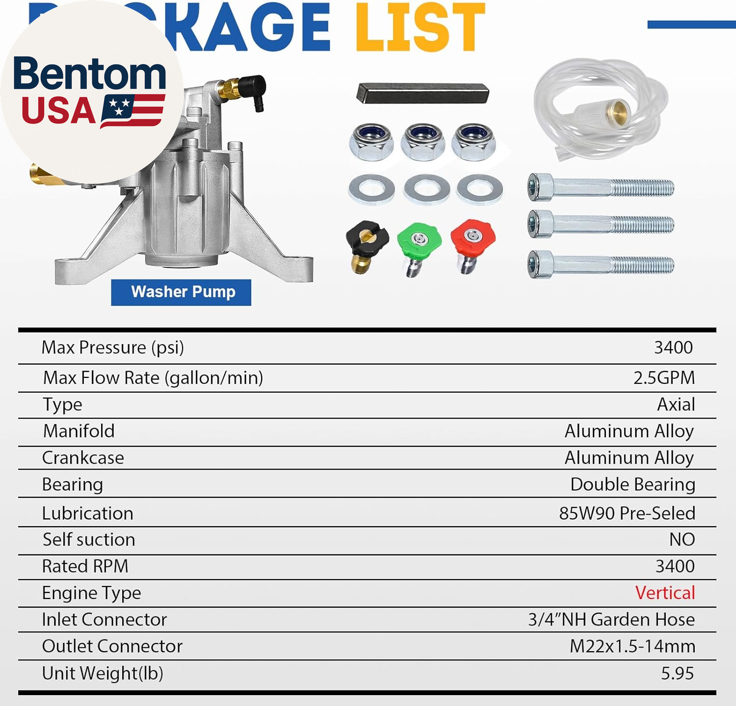 7/8″ Shaft Vertical Pressure Washer Pump – Rear Inlet/Outlet Max 3400 PSI @ 2.5