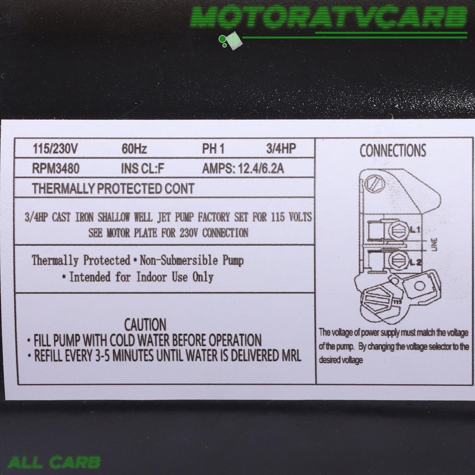 ALL-CARB Heavy Duty Cast Iron SWS75-3/4 HP Shallow Jet Well Pump 510GPH 115/230V
