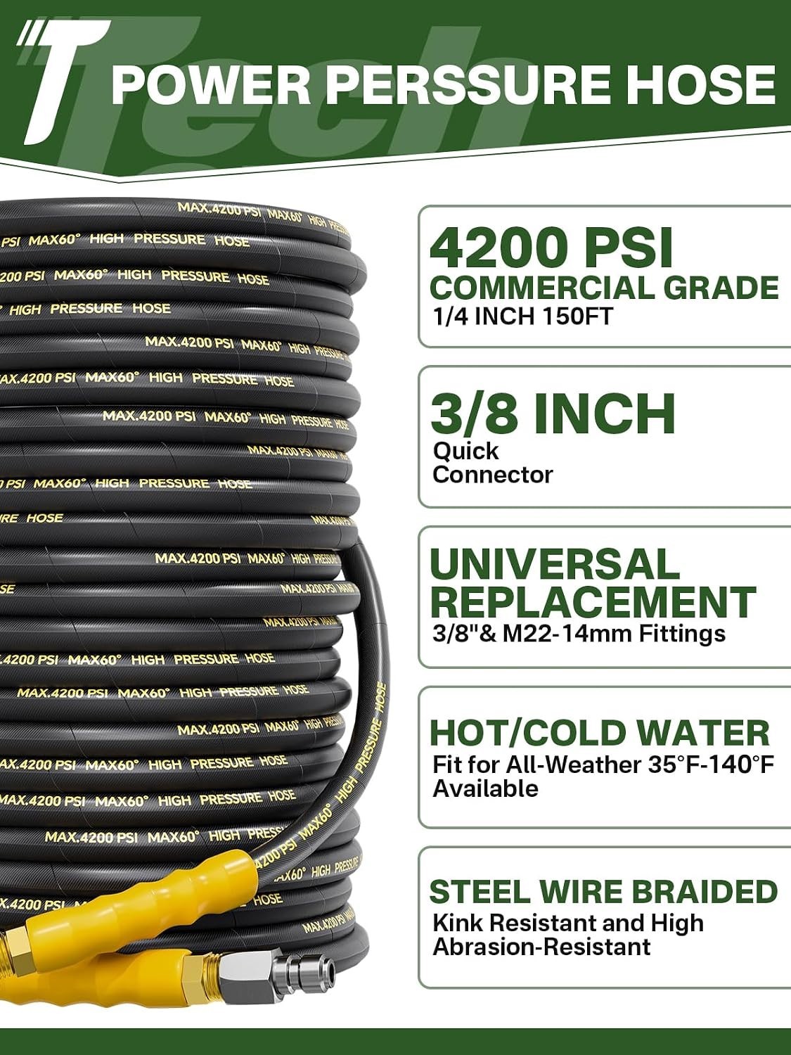 150FT 4200 PSI Commercial Grade Pressure Washer Hose with Quick Connect Fittings