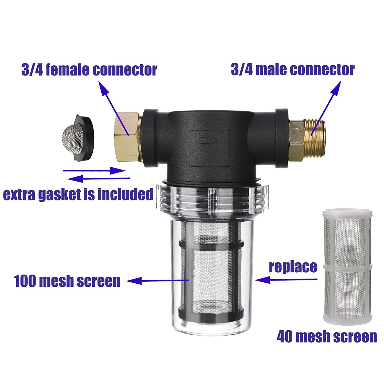 Garden Hose Filter for Sediment Inline 40 Mesh Screen Extra 100 Mesh