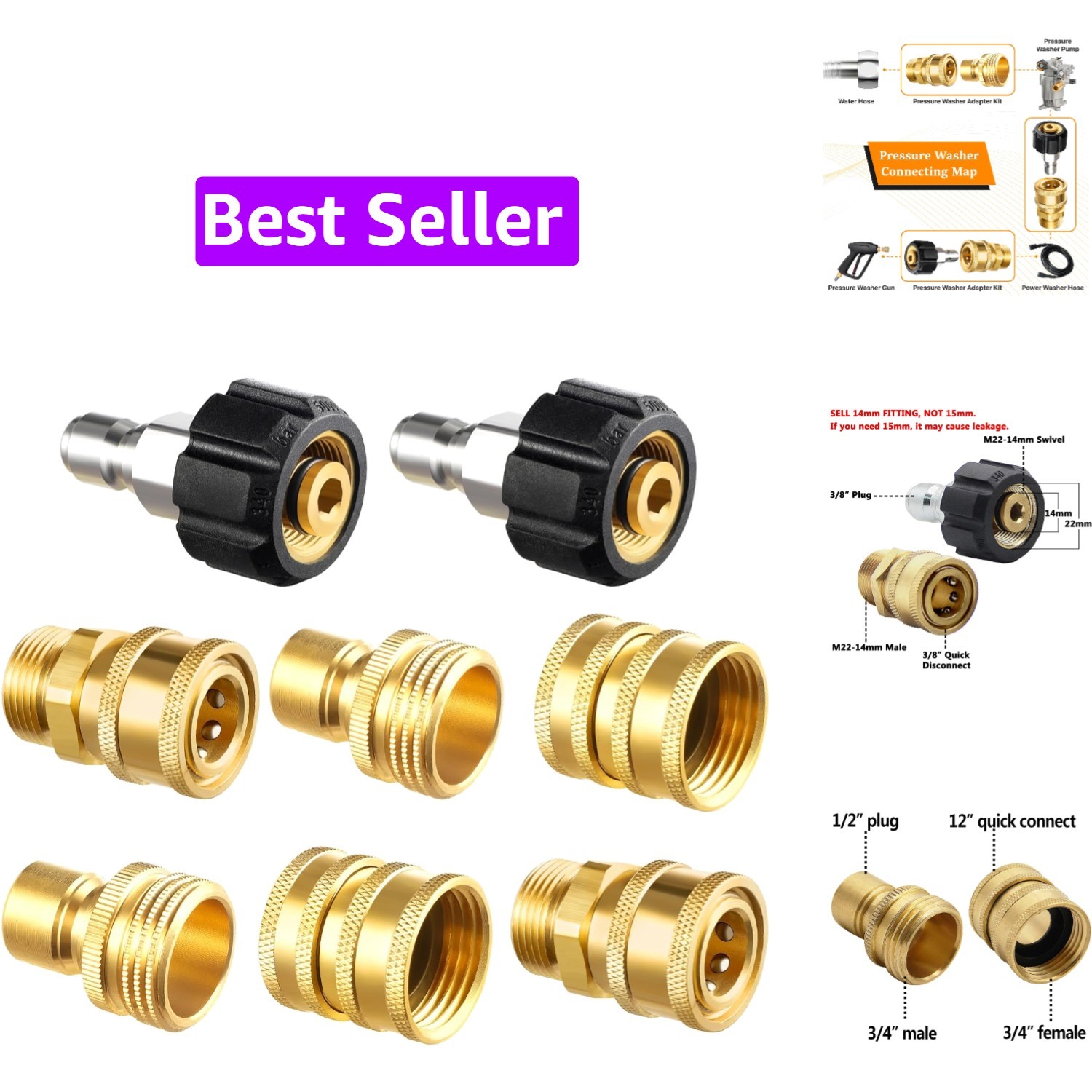 Pressure Washer Adapter Set, Quick Disconnect Kit | M22 14mm Quick Connect Sw…