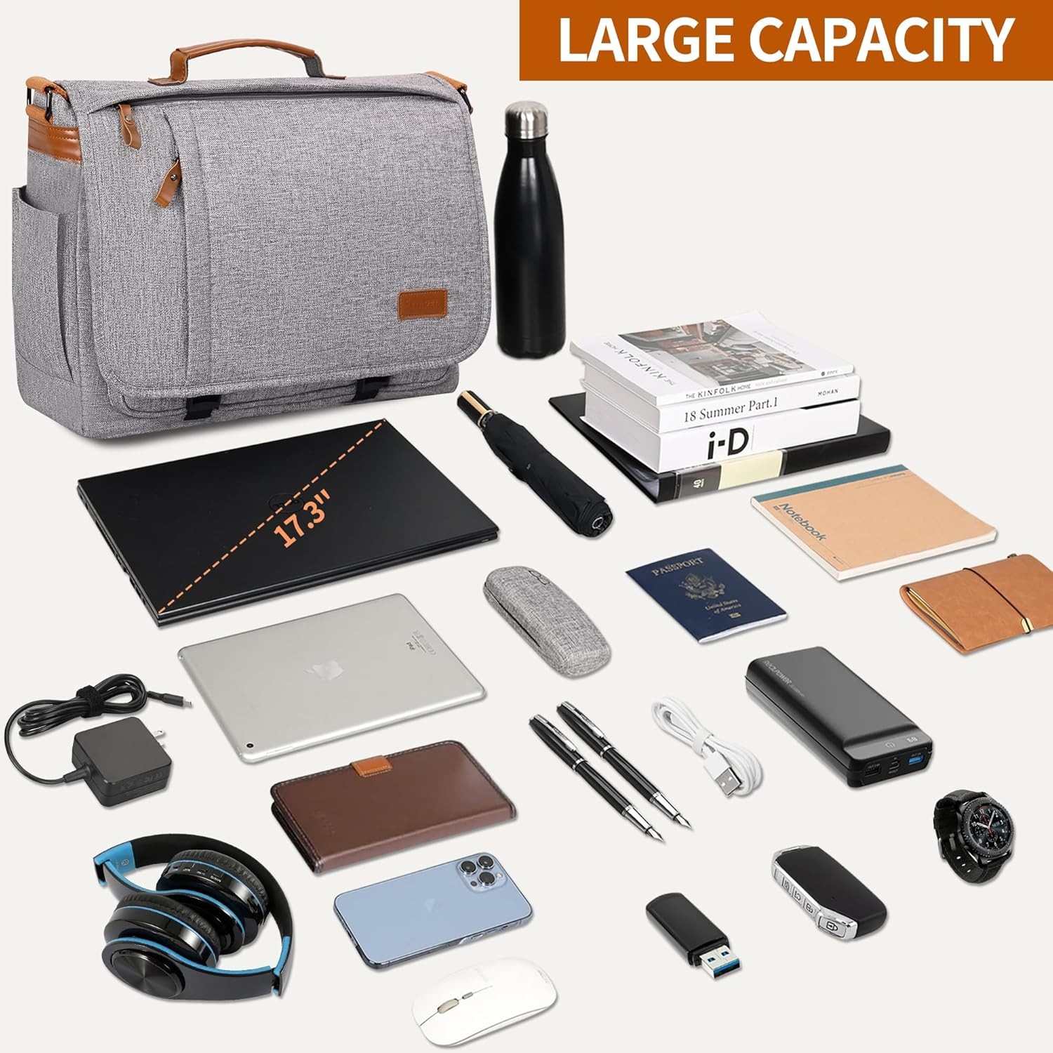 Mens Messenger Bag 17-17.3″ Laptop Canvas Water Resistant Work Grey