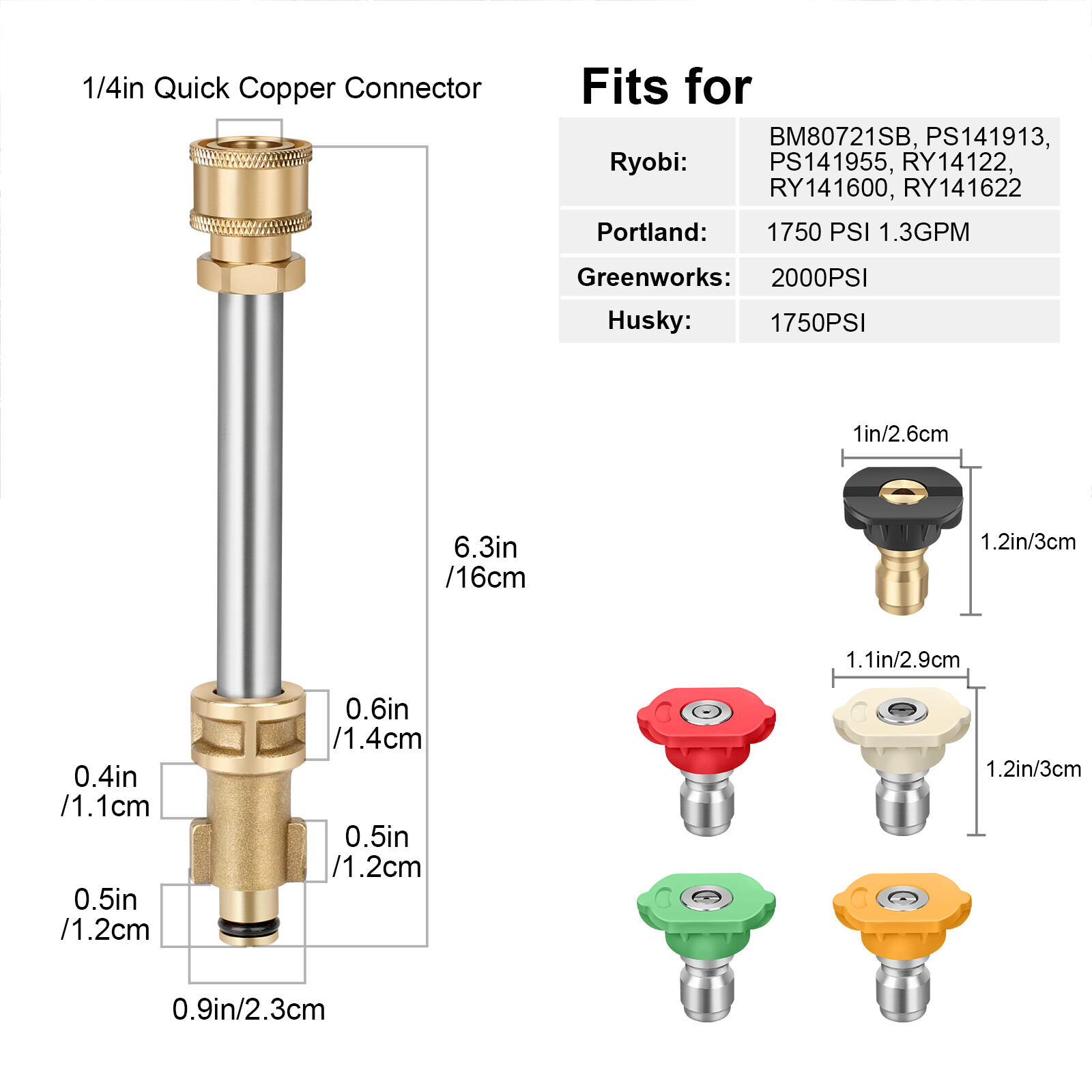 Replace for 1/4” Pressure Washer Gun Adapter with 5 Nozzle Ryobi Portland Husky