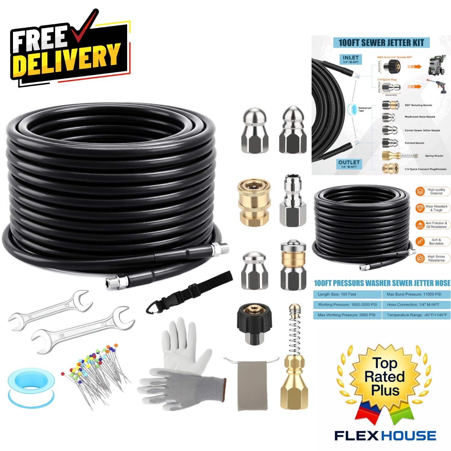 100FT Sewer Jetter Kit for Pressure Washer – 5800PSI Drain Cleaning Solution