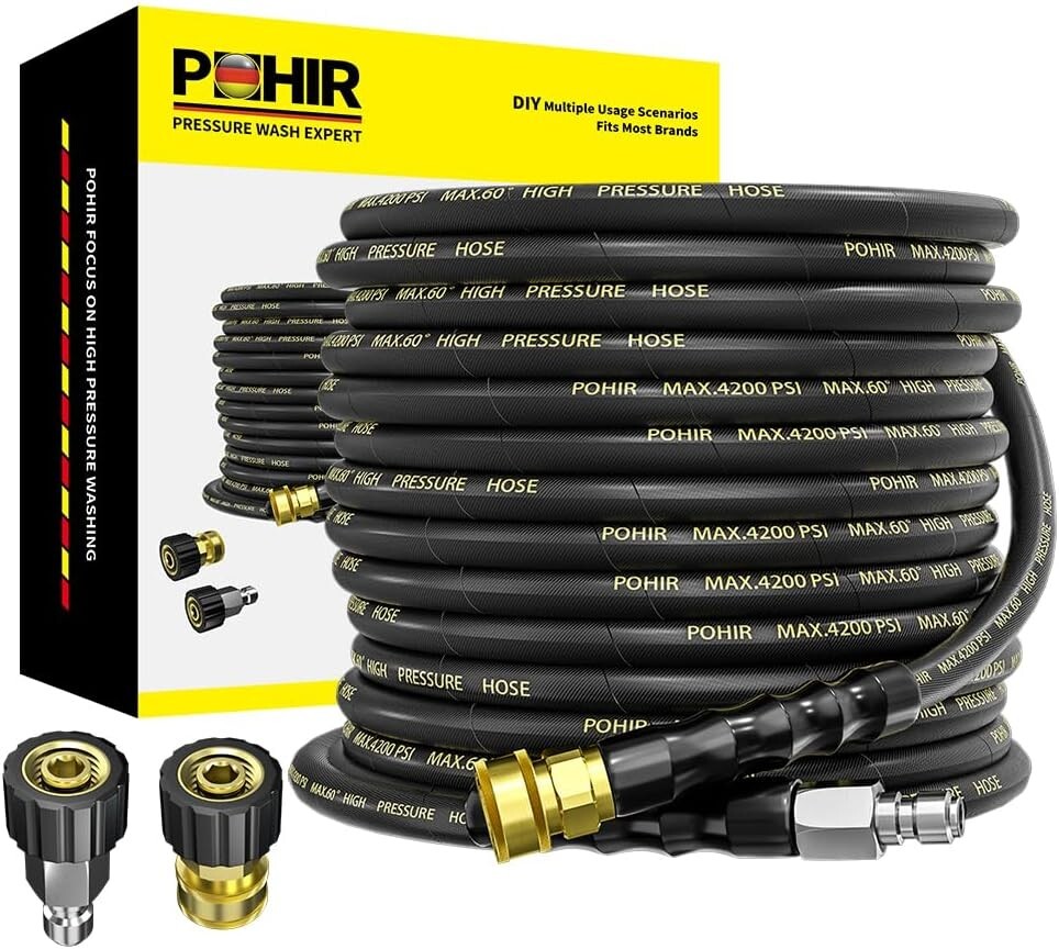 POHIR 50FT 4200PSI Pressure Washer Hose 1/4″ Flexible Wire Power Extension Hose