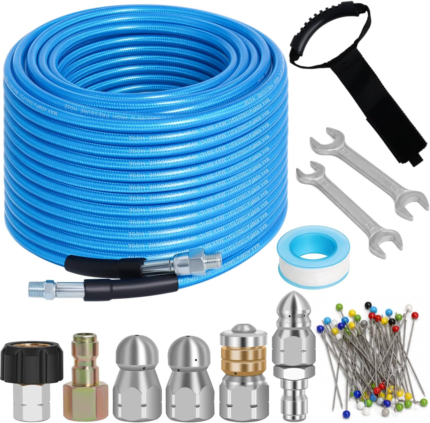 100 FT Sewer Jetter Kit for Pressure Washer, 5800PSI Water Jet Drain Cleaner Hos