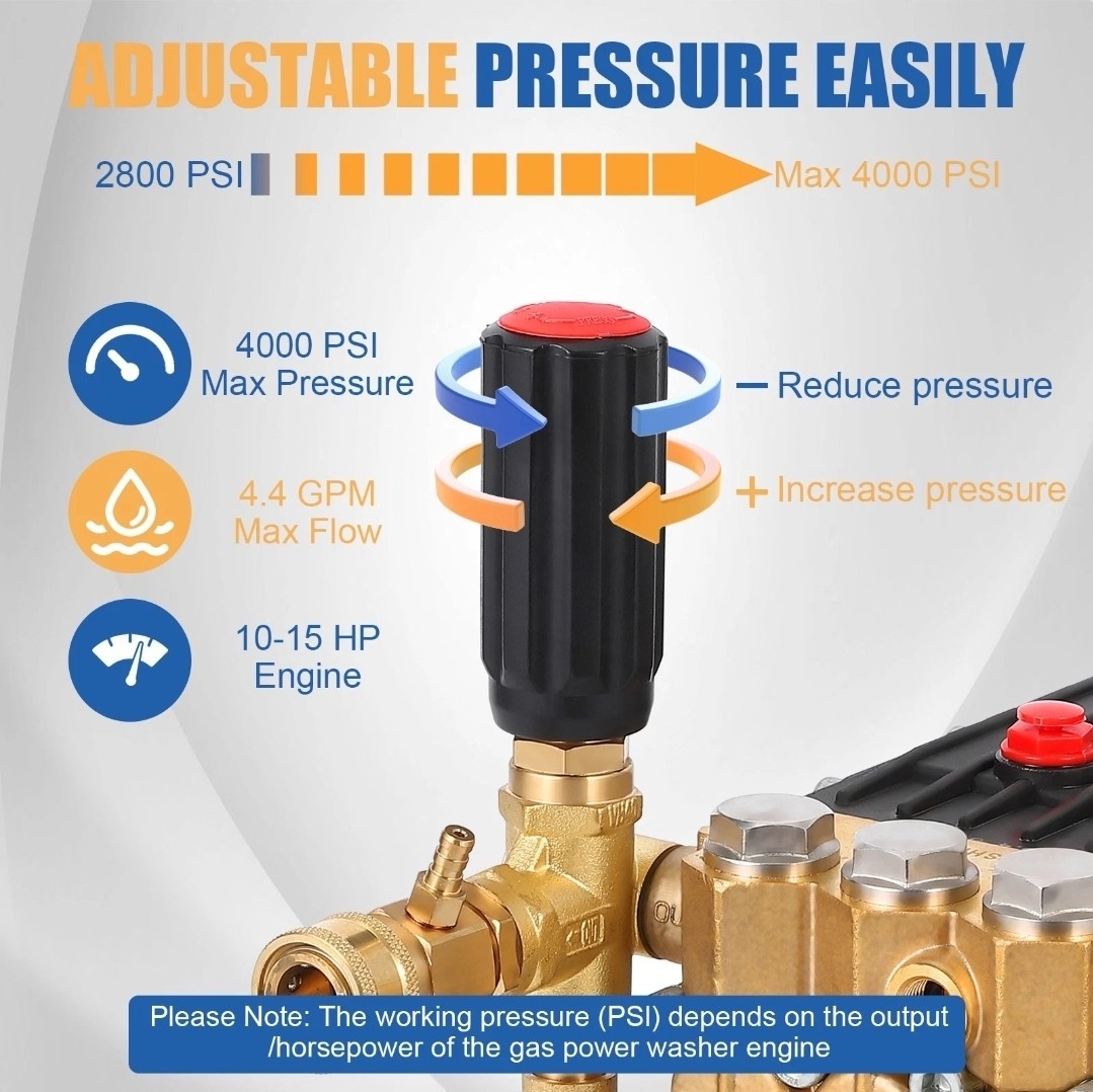 4000PSI 4.4GPM 1″Shaft Horizontal Triplex Plunger Power Washer Pressure Pump Kit