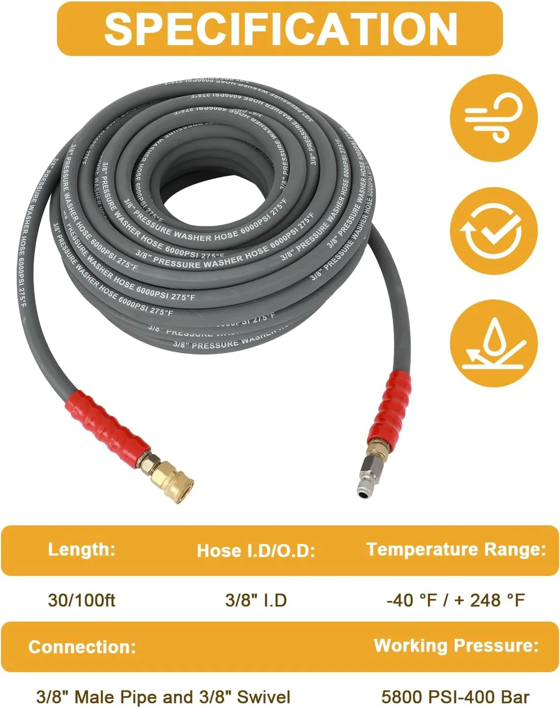 OCPTY Hot Water Pressure Washer Hose 3/8″ x 100ft 6000 psi Non-Marking 2-Braid R