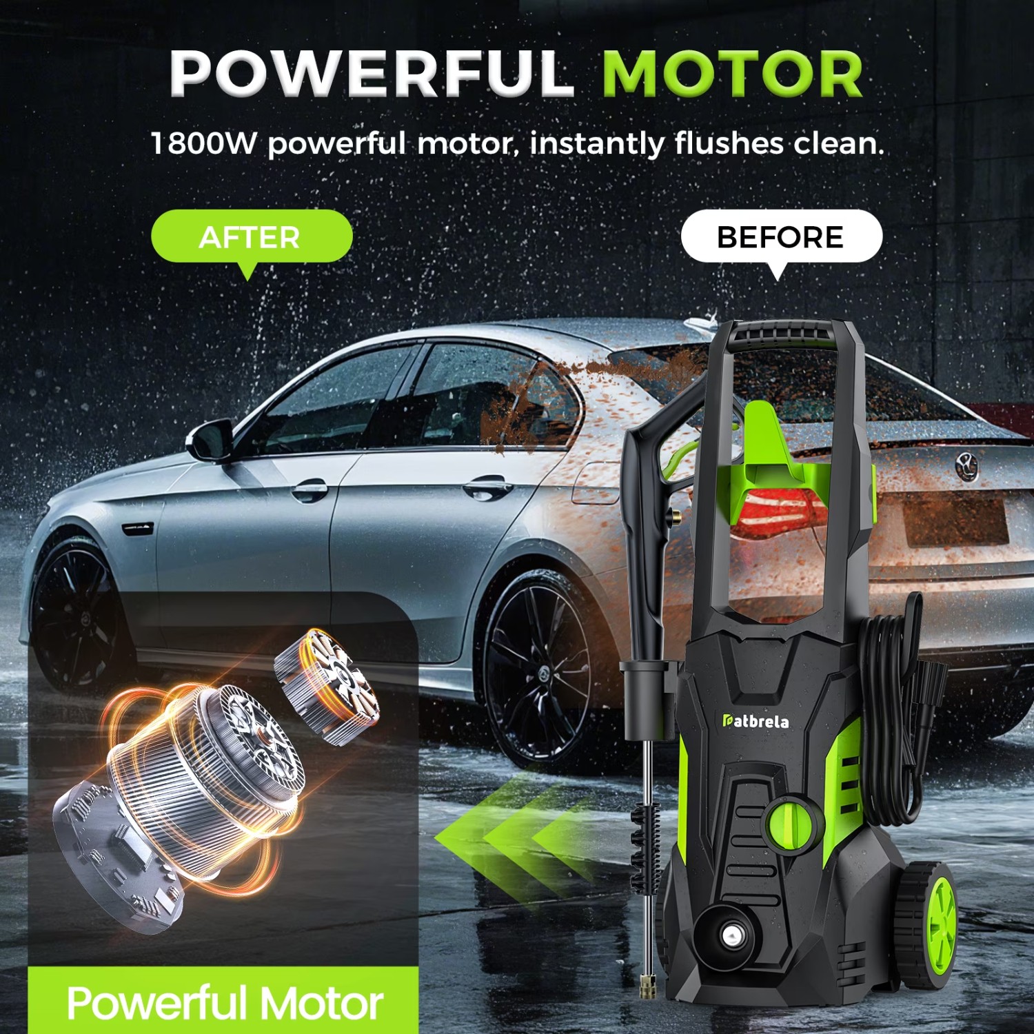 Patbrela C10 1800W Electric Pressure Washer, 5000PSI Max 3.0 GPM with 4 Nozzles,
