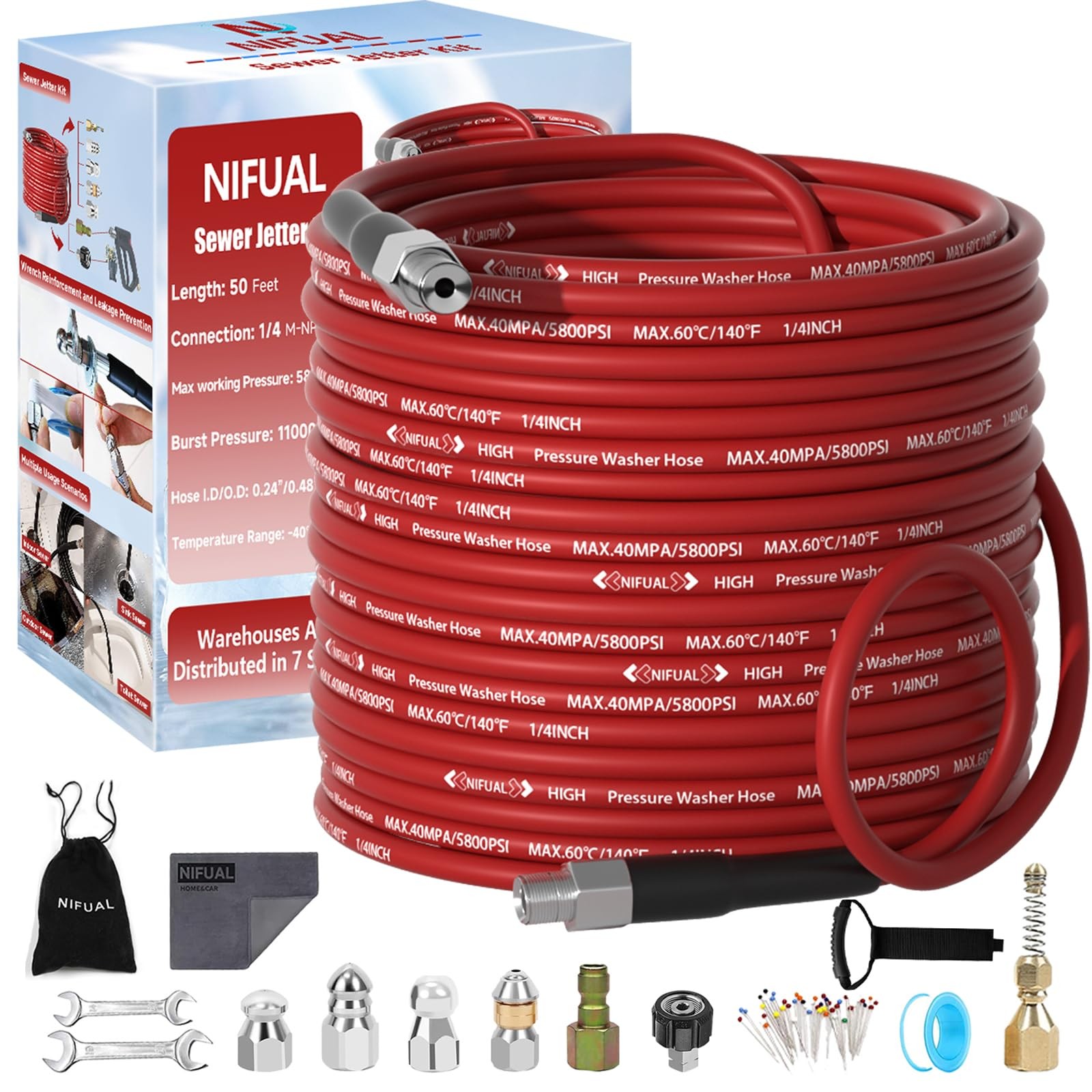 NIFUAL Sewer Jetter Kit for Pressure Washer,100FT 5800PSI Pressure Drain Clea…