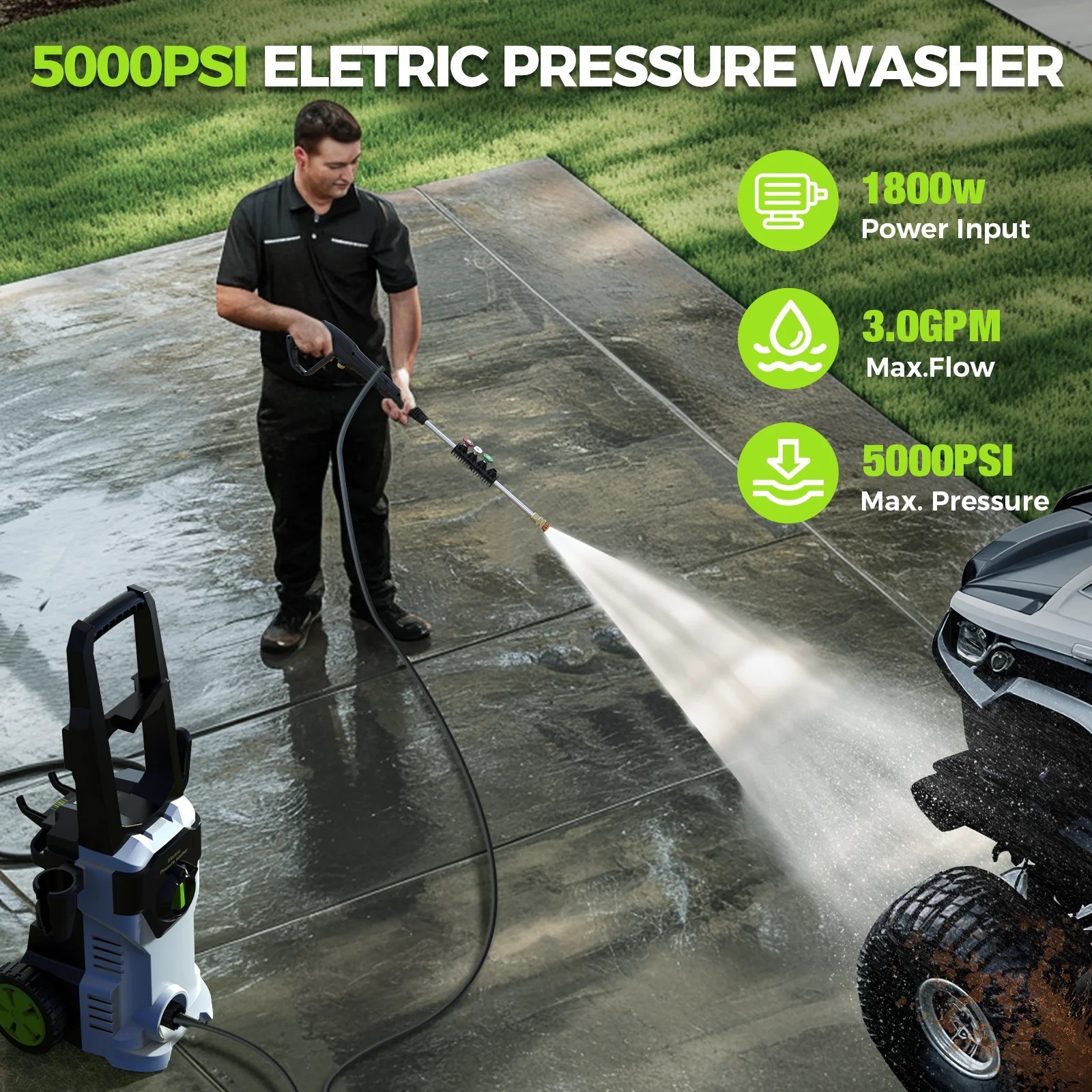 Electric Pressure Washer 5000PSI Max 3.0GPM Portable Power Washer 4 Quick Nozzle