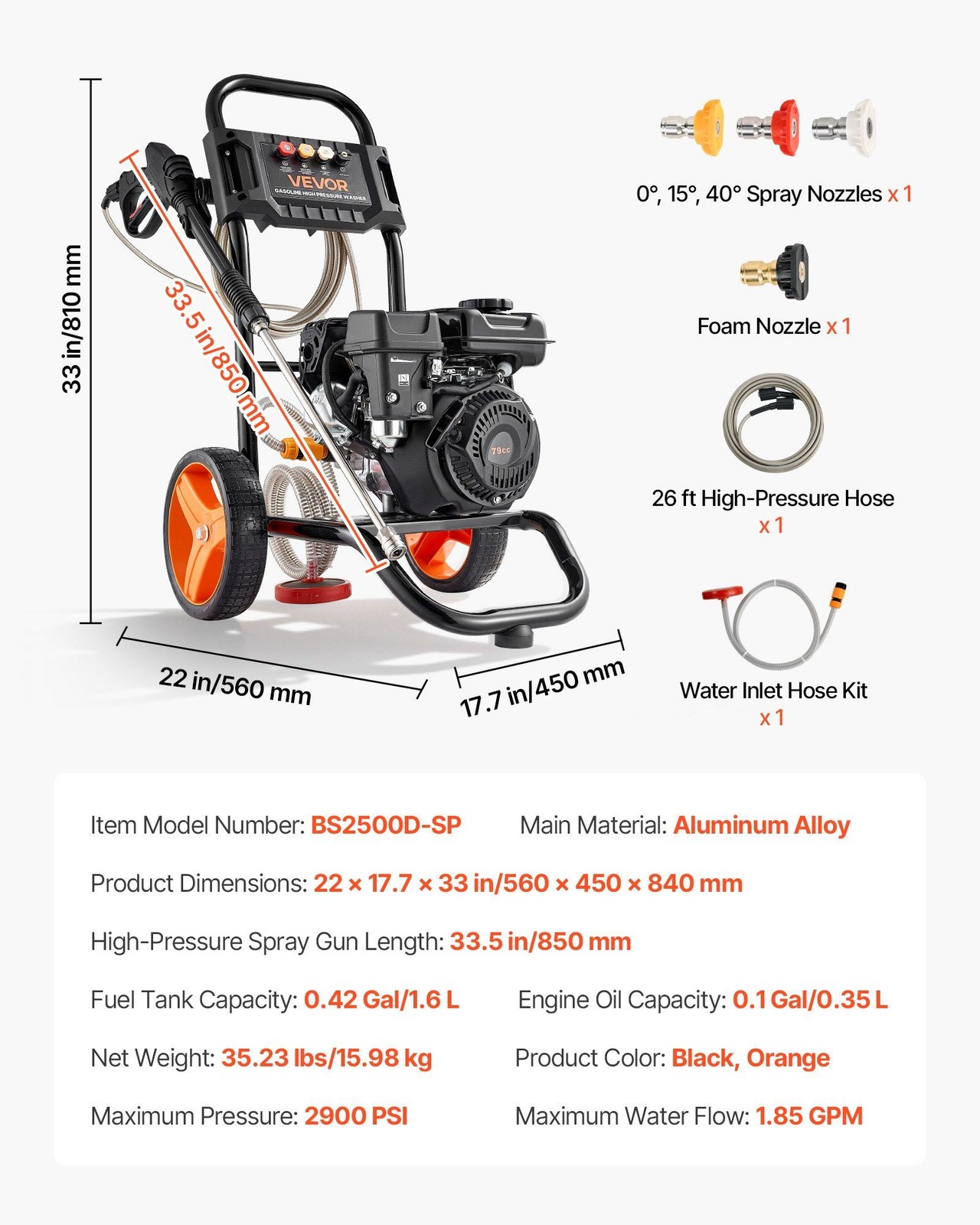 2900 PSI Gas Pressure Washer w/ Aluminum Pump, 4 Stainless Nozzles, 26.3ft Hose