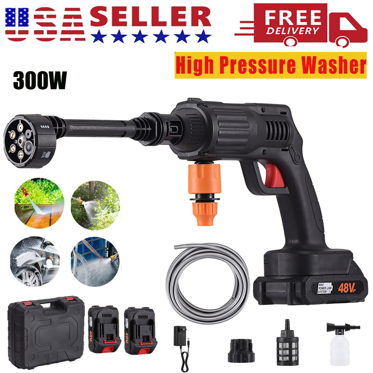300W Cordless Pressure Washer, Portable Power Washer with 6-in-1 Nozzle US