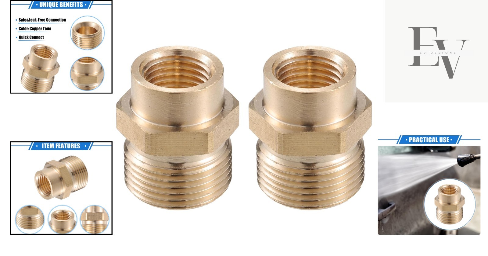 1pc Copper Tone Pressure Washer Connector – M14x1.5 to M22x1.5 for Quick Connect