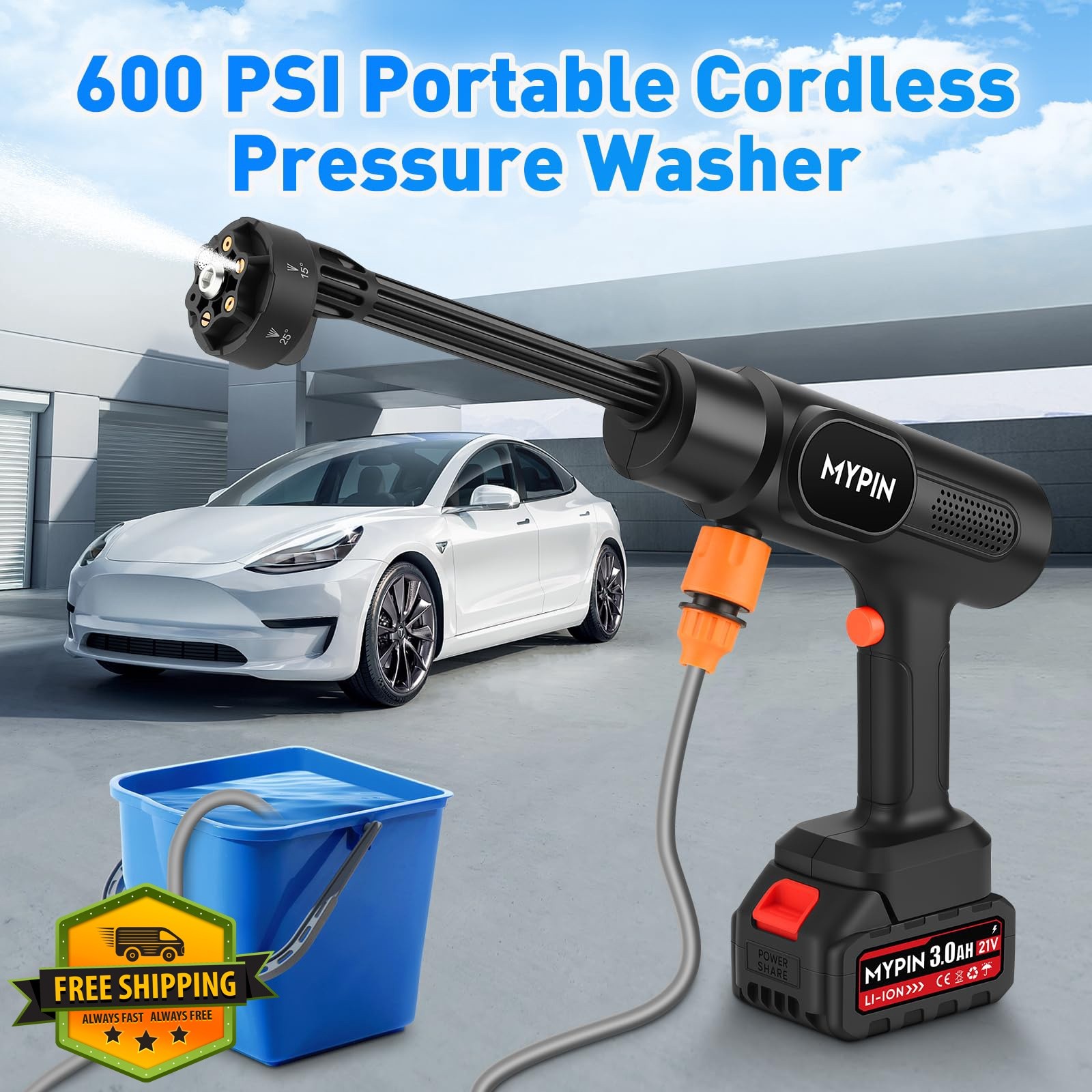 MYPIN Cordless Pressure Washer 600PSI 21V 2×3.0Ah