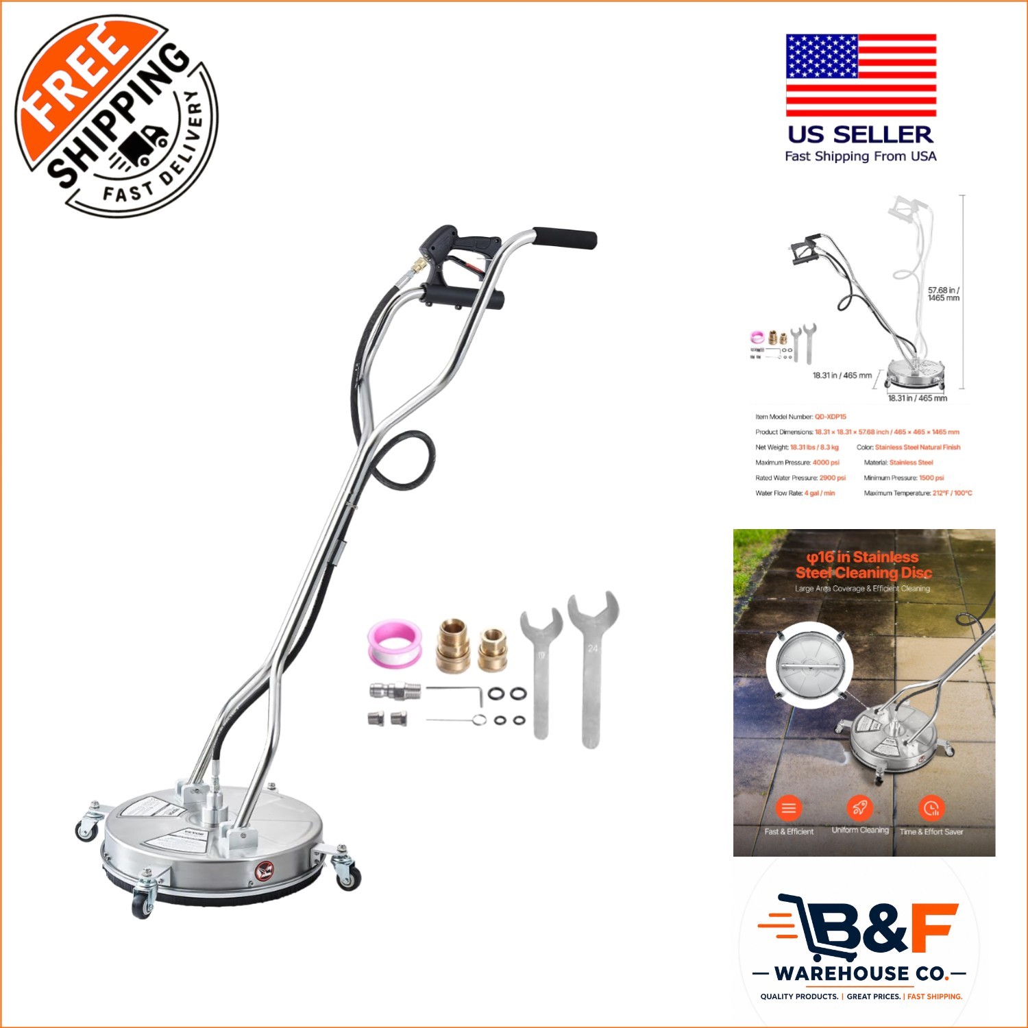 Professional 4000 PSI Stainless Steel Surface Cleaner with Dual Handle & Wheels