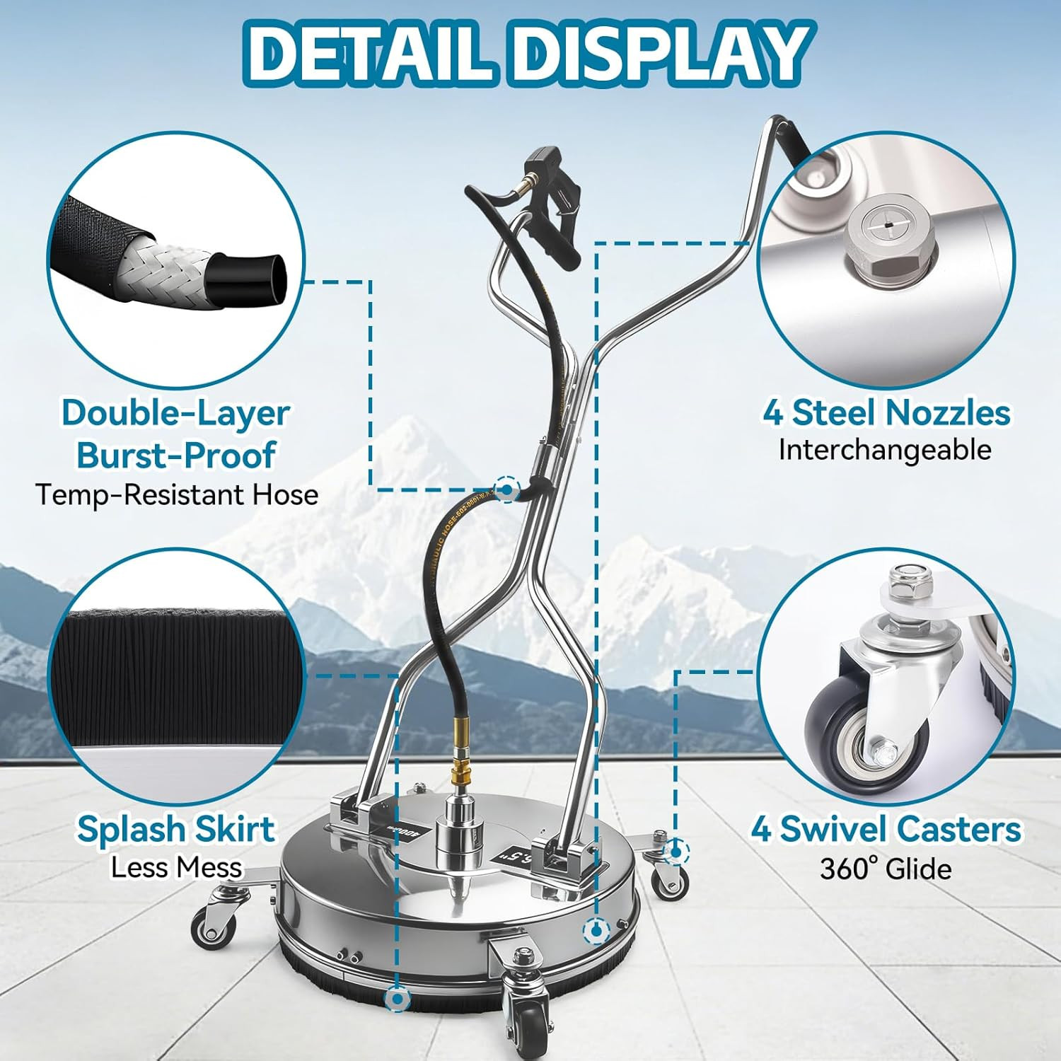 16.5″ Pressure Washer Surface Cleaner, Heavy-Duty Stainless Steel, Dual Handle,