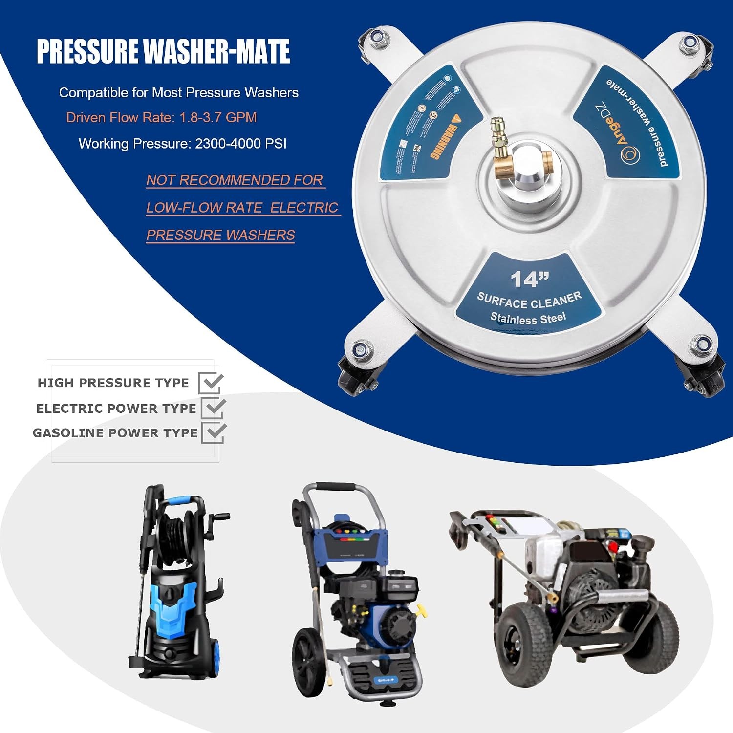 14 inch Pressure Washer Surface Cleaner with 4 Wheels 1/4 Quick Connect Plug