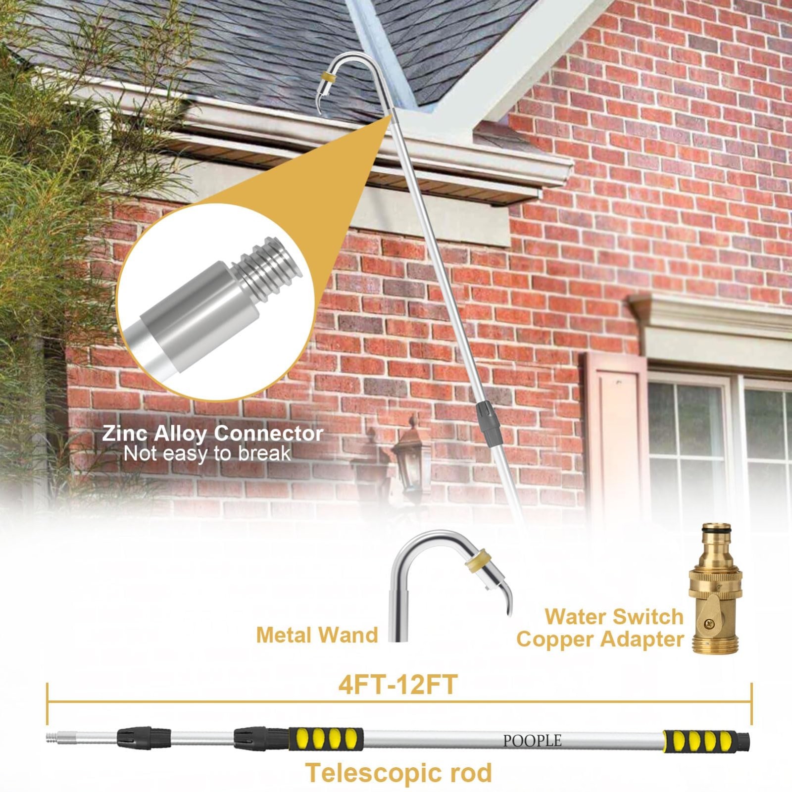 20FT Telescoping Gutter Cleaning Tool, 360° Metal Head, Hose Attachment, Easy Re