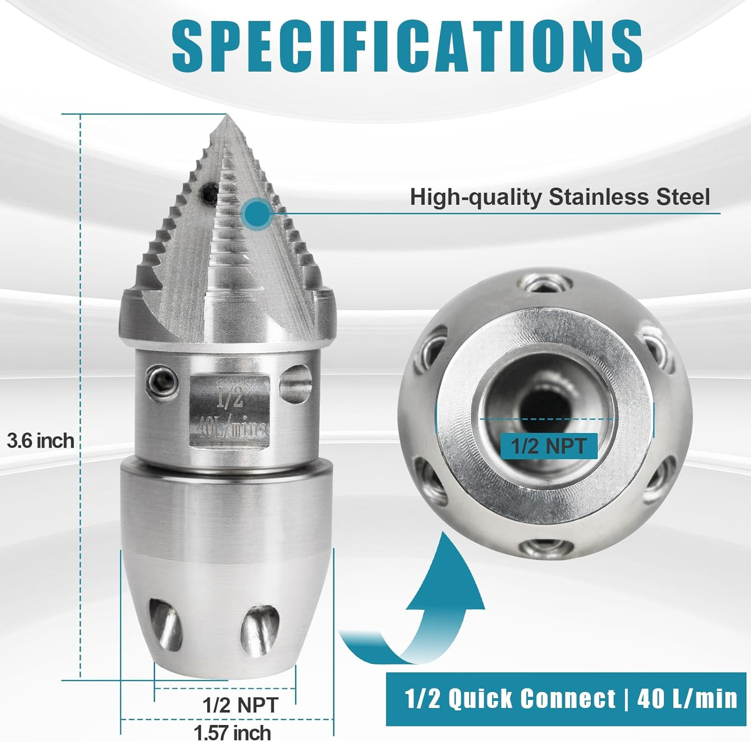 1/2 NPT Sewer Jetter Rotating Nozzle Stainless Steel Drain Pipe Cleaning Tool