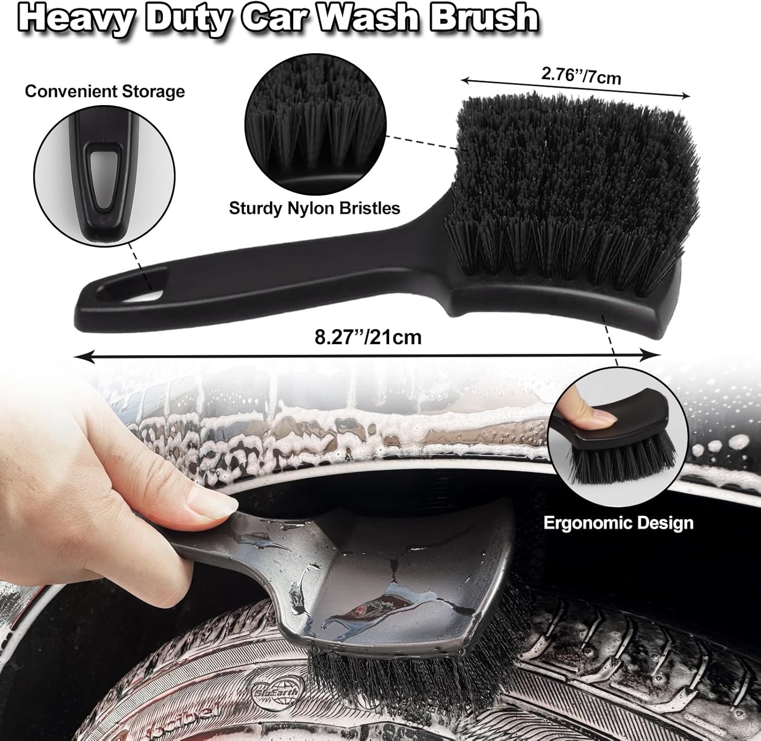 7Pcs Car Wheel Brush kit, Tire Brush, Cleaner Black