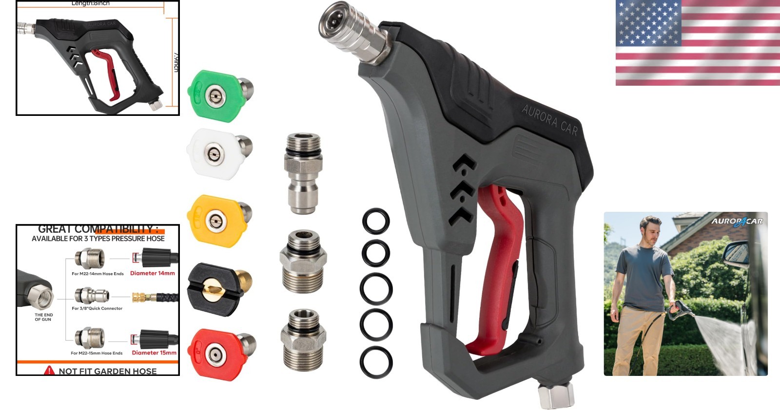 Pressure Washer Short Gun, Commercial 5000 PSI 12 GPM 5 Spray Nozzle Tips, 3/8″