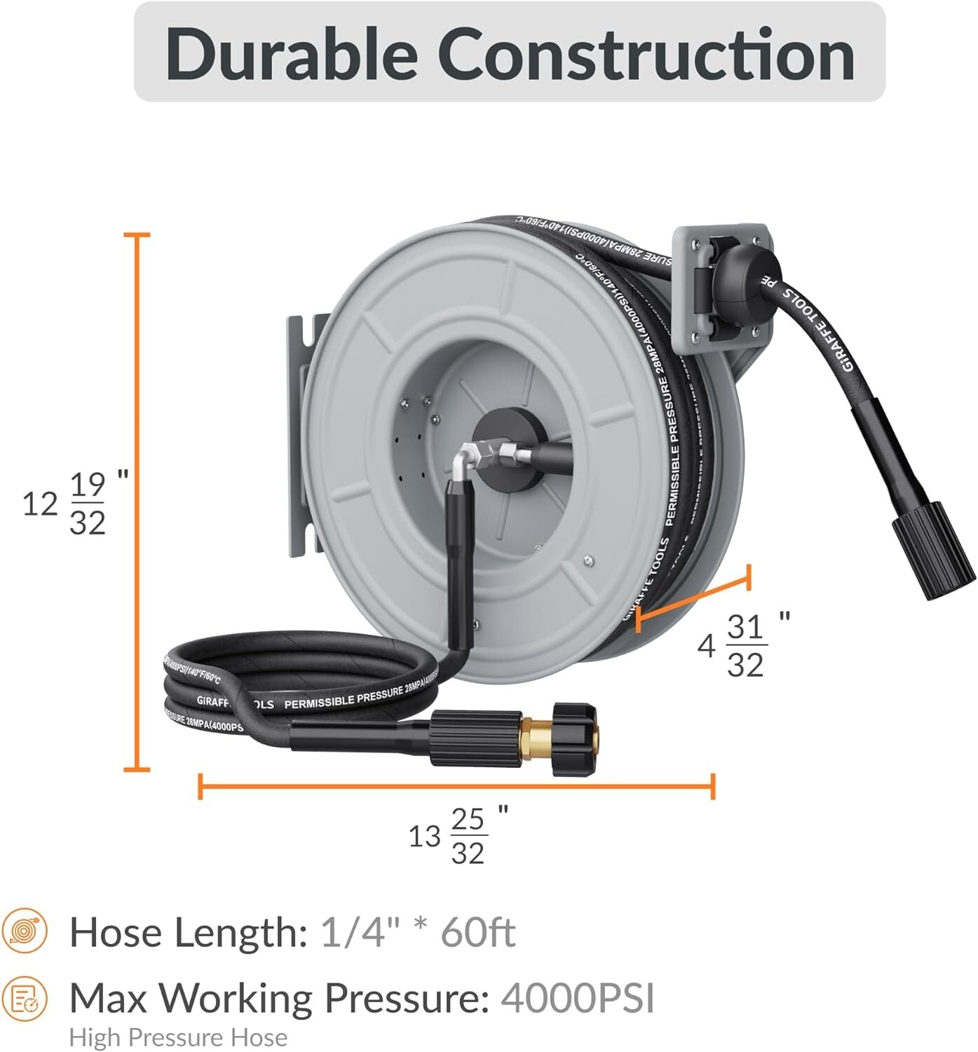Giraffe Tools Retractable Pressure Washer Hose Reel, 60ft x 1/4″ Power, 4000PSI