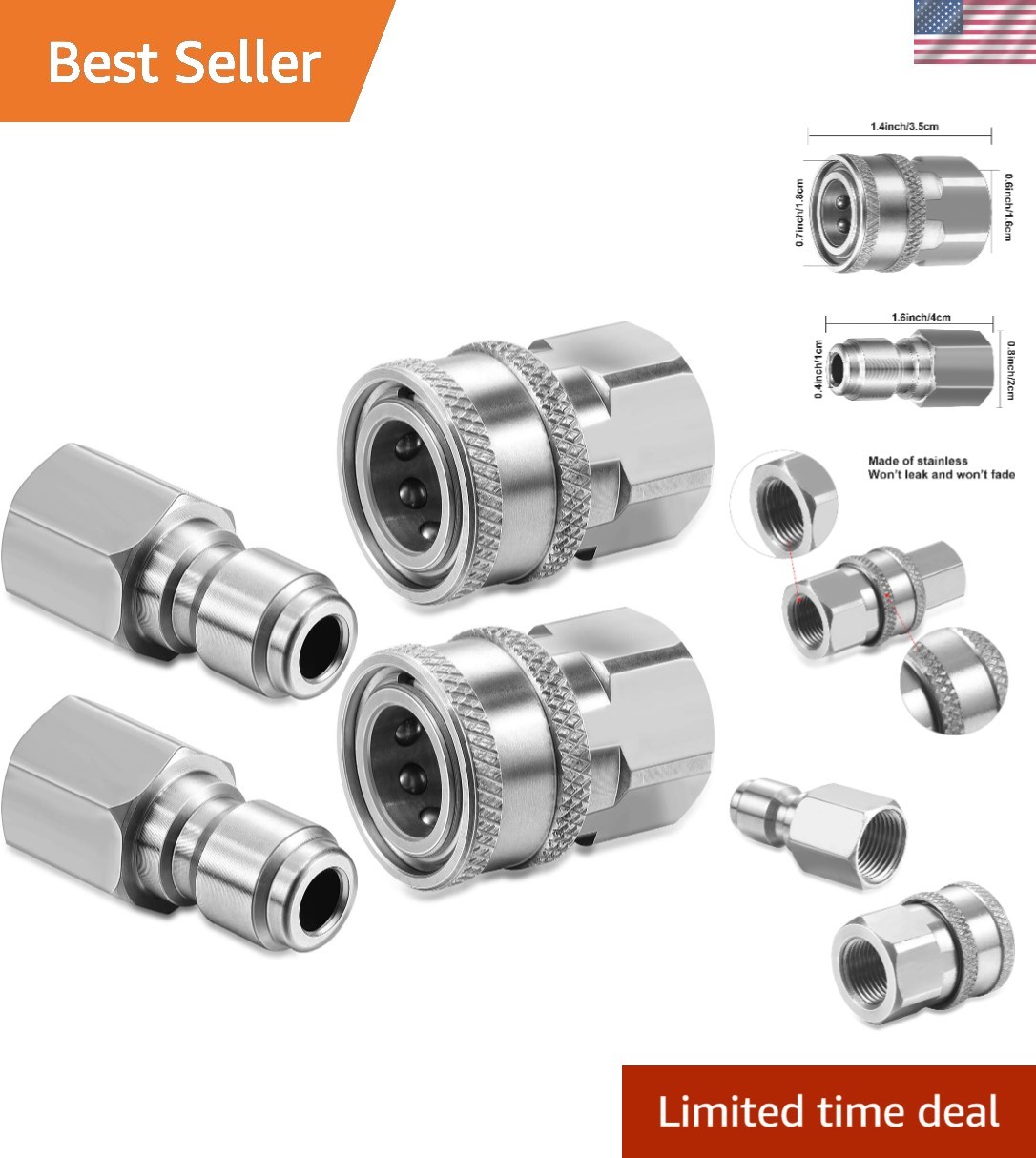 Stainless Steel 3/8 Inch Pressure Washer Connector Set – NPT Compliant Fittings