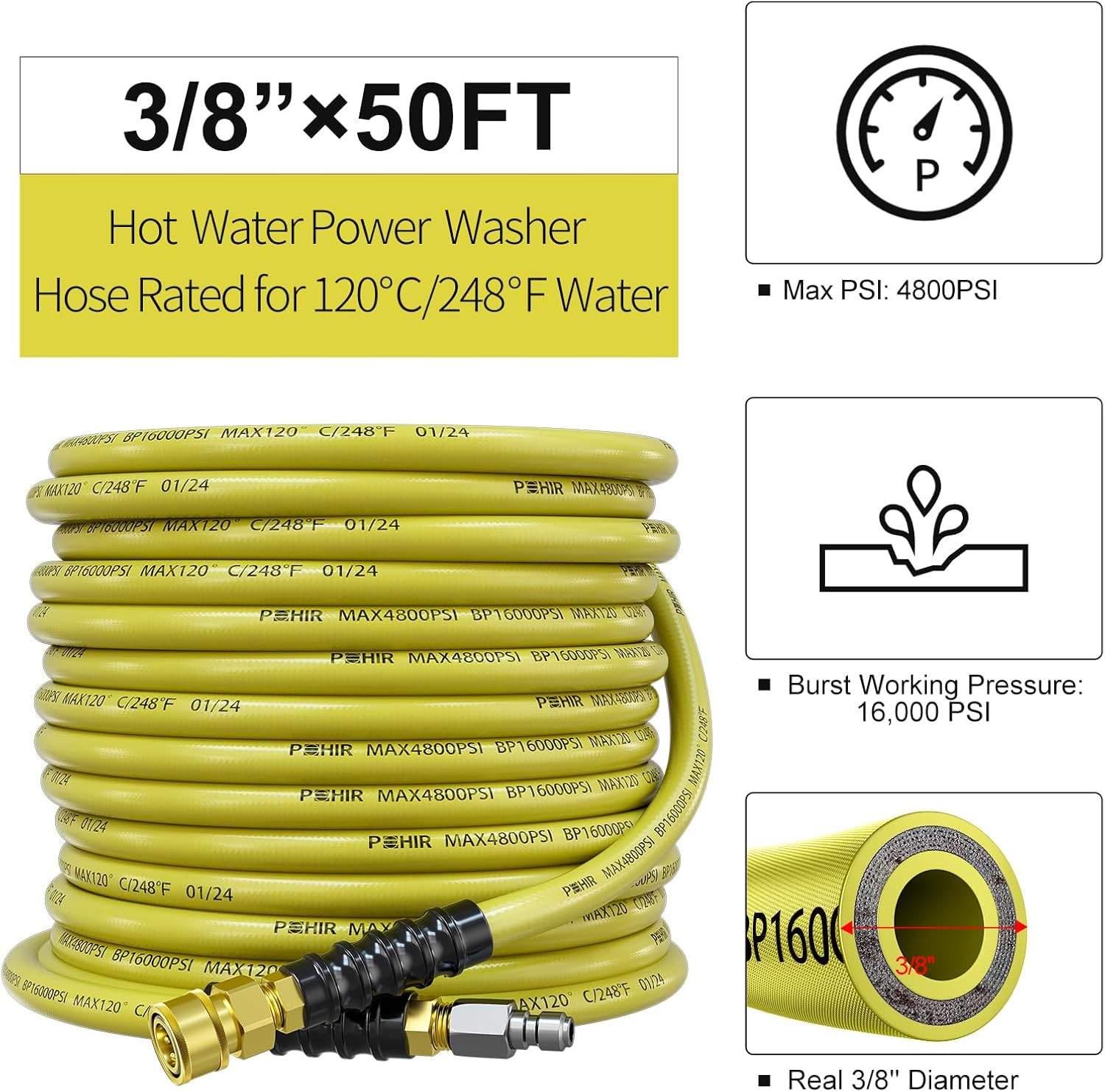 Manguera de hidrolavadora de 15 m, 3/8″, 4800 PSI
