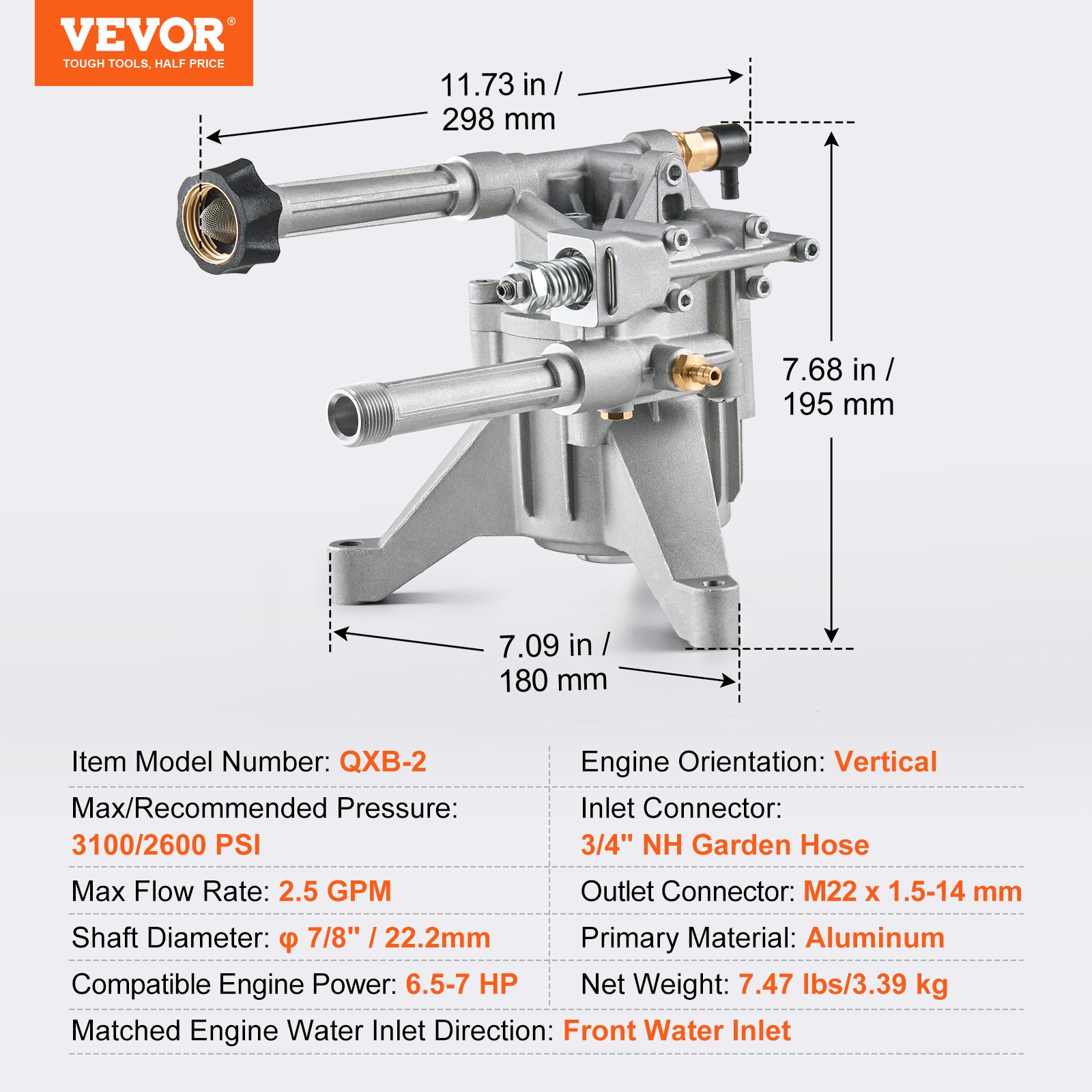 Pressure Washer Pump 7/8″ Shaft Vertical 3100 PSI 2.5GPM with 5 Nozzles