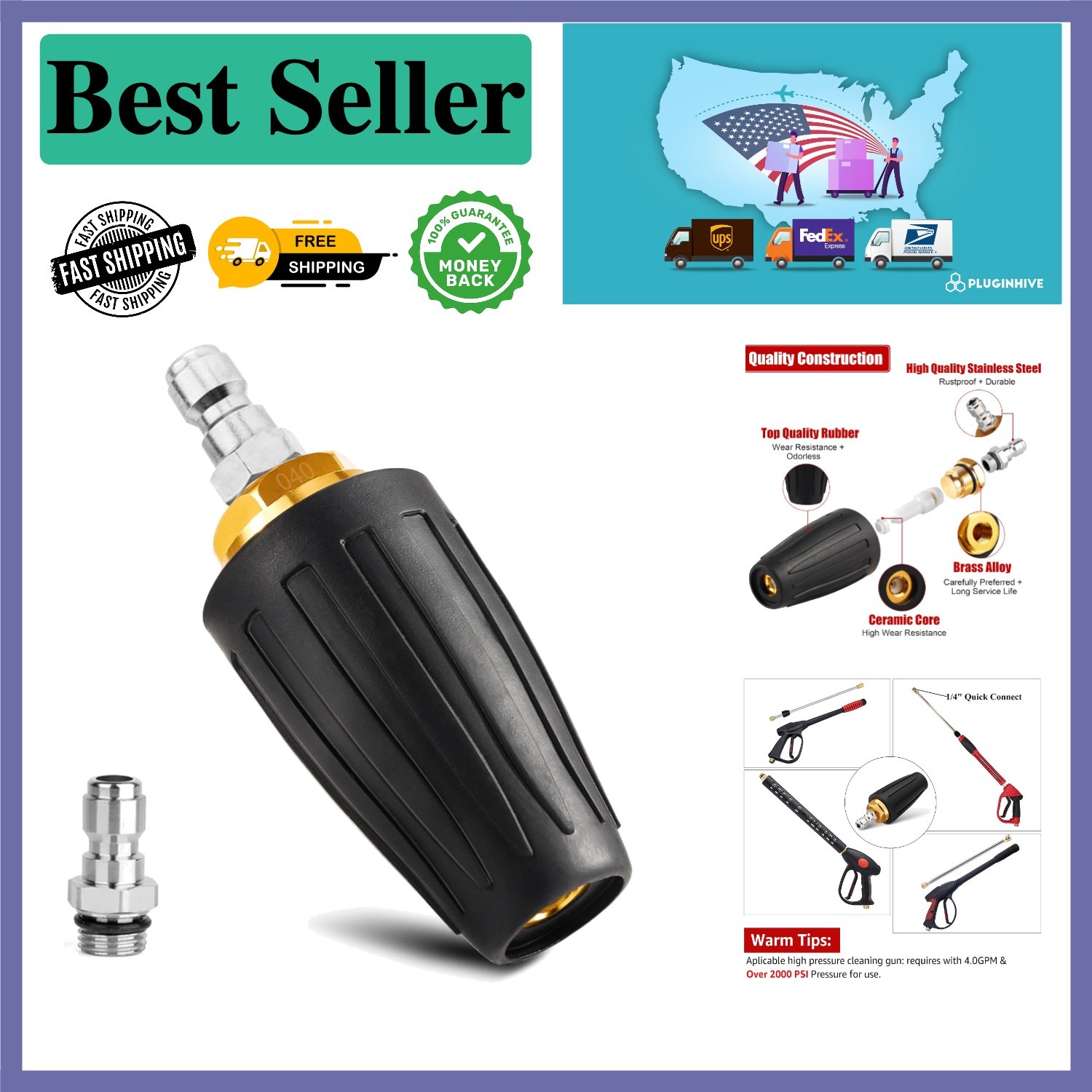 High-Efficiency Pressure Washer Turbo Nozzle – Brass & Stainless Steel Build