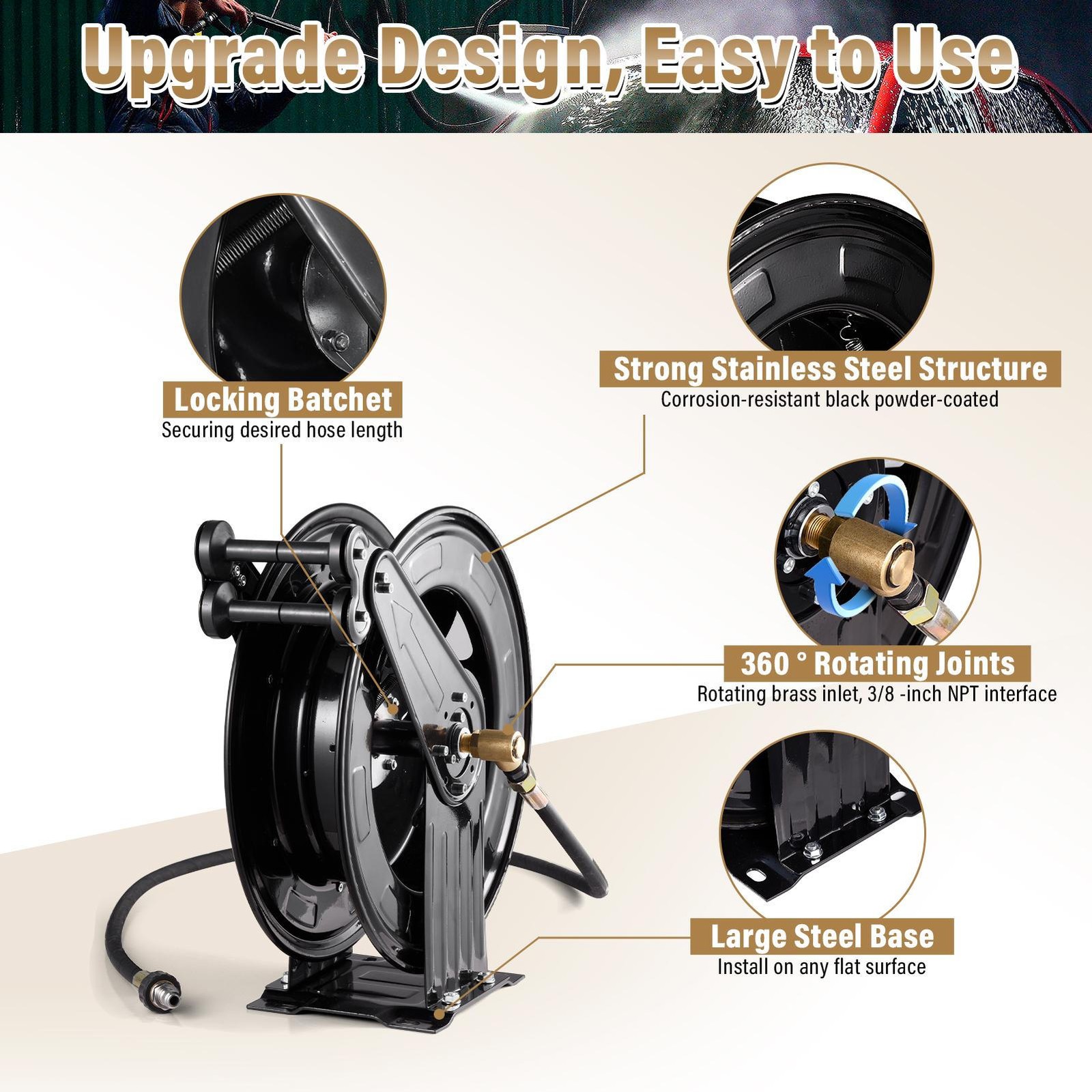 50FT x 3/8″ Auto-Retractable Pressure Washer Hose Reel, Heavy Duty Double Arm