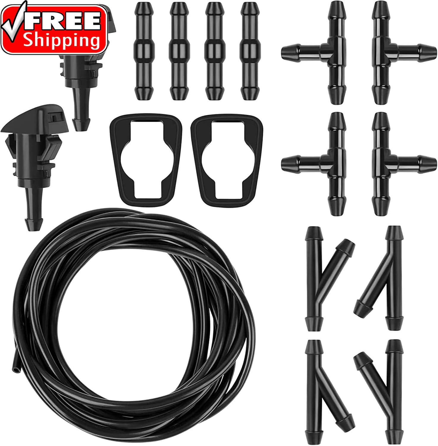 Windshield Washer Hose Kit, 5M Washer Fluid Hose with 12 Pcs Connectors, 2 Fan N
