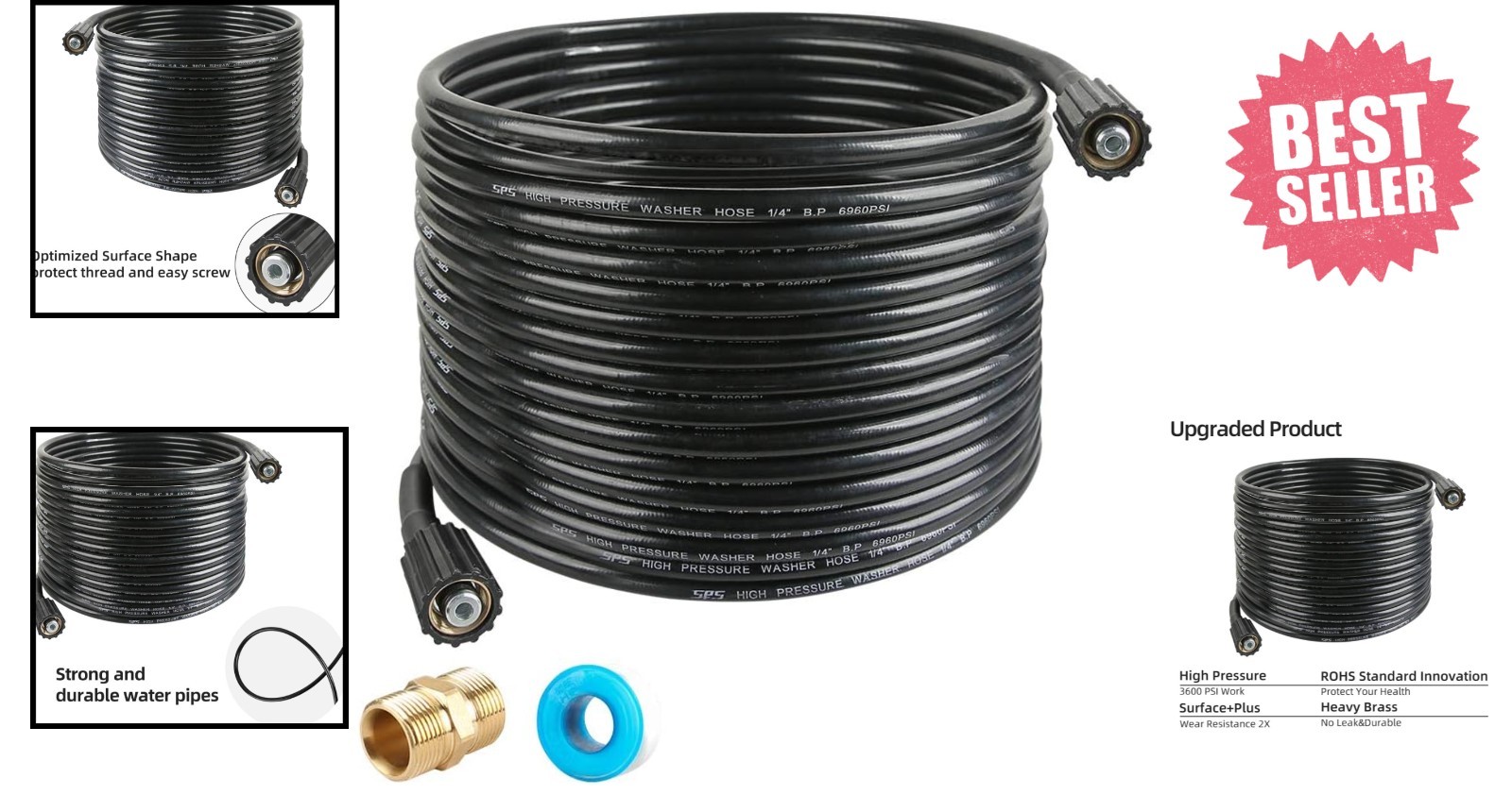 Weather-Resistant 50 FT Pressure Washer Hose – M22 Brass Thread, Easy Attachment