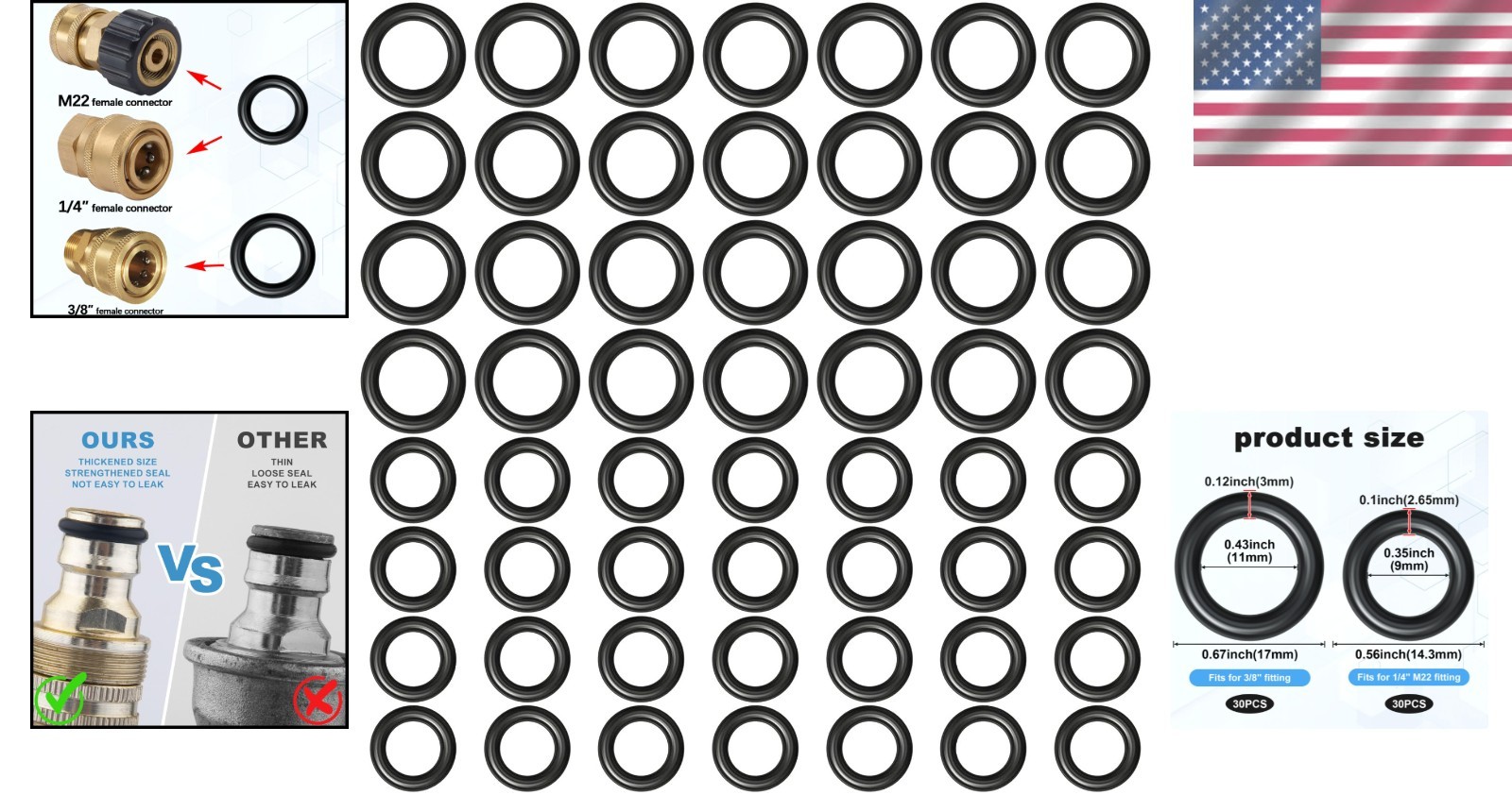 60pcs Thickened O-Rings Power Pressure Washer Replacement for 1/4 inch, 3/8 inch