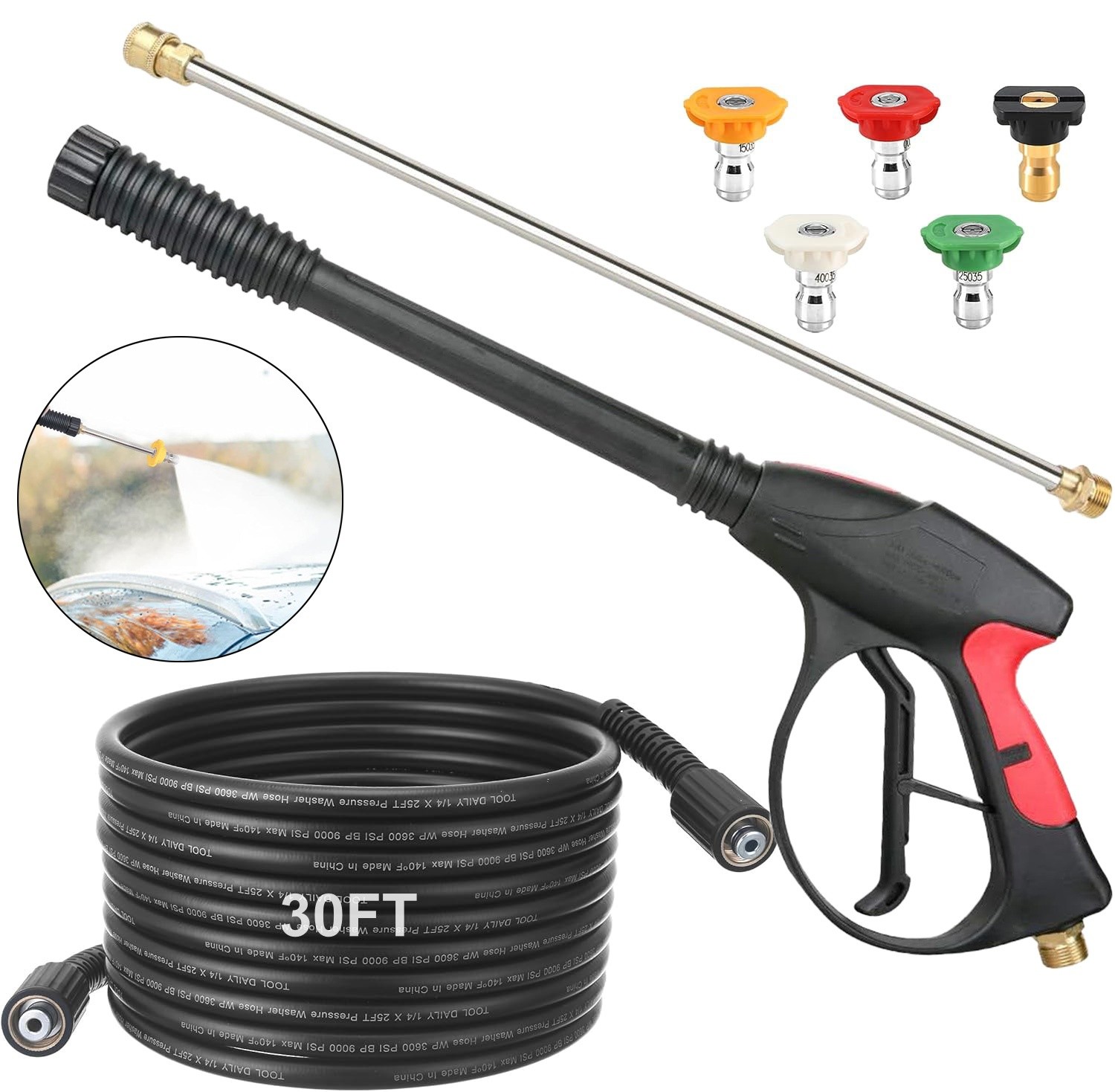 High Power Pressure Washer Gun with Wand Extension, 5 Nozzles, 30FT Hose Kit